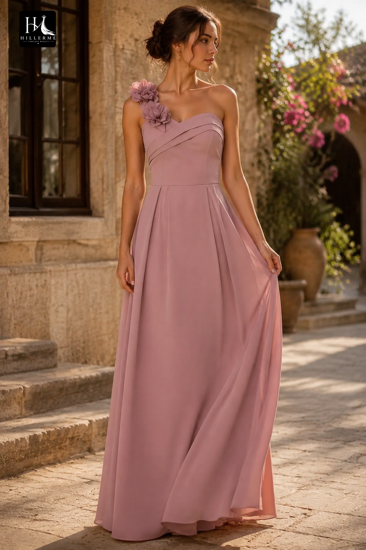 One-Shoulder Crisscross Pleated A-Line Gown with 3D Floral Embellishment