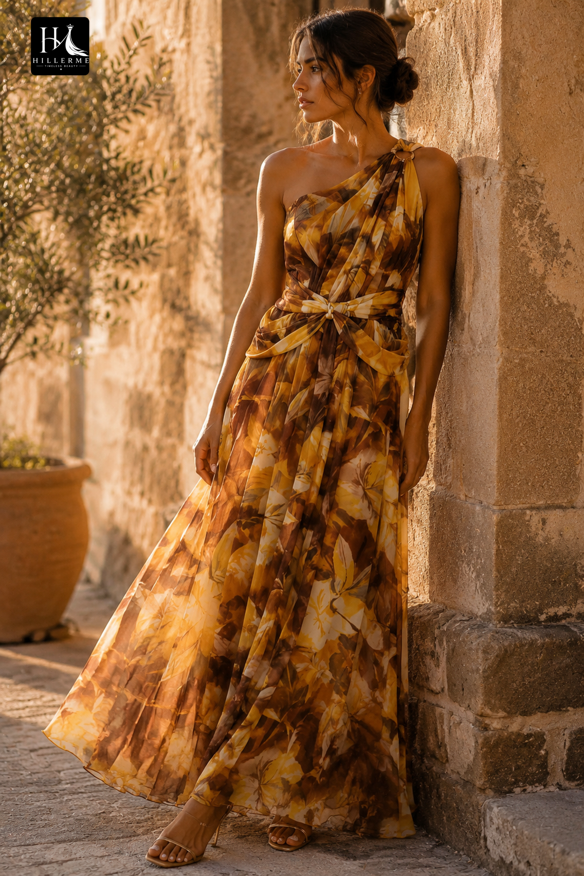 Elegant One-Shoulder Maxi Dress with Romantic Bowknot Waist Detail