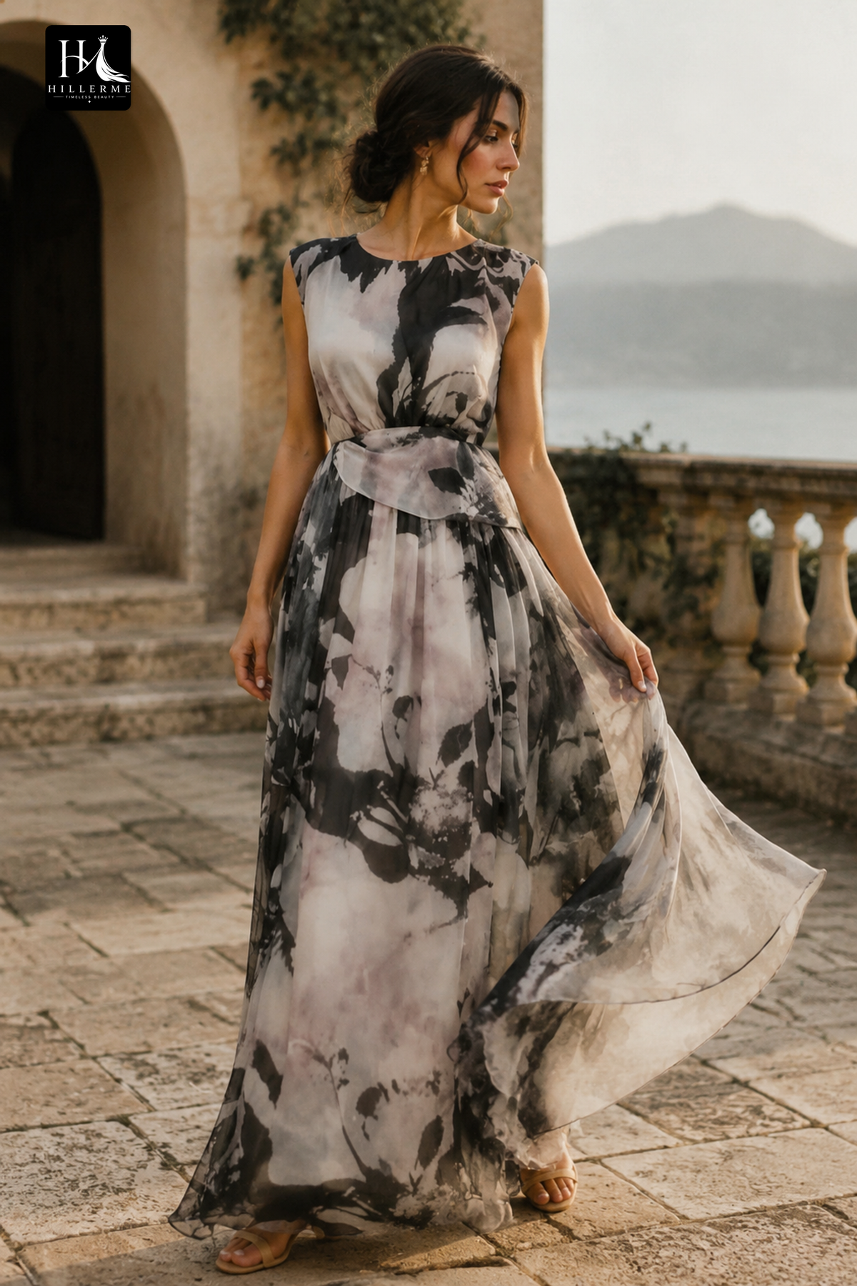 Multi-Tone Floral Print Cap Sleeve A-Line Maxi Dress with Self-Tie Waistband