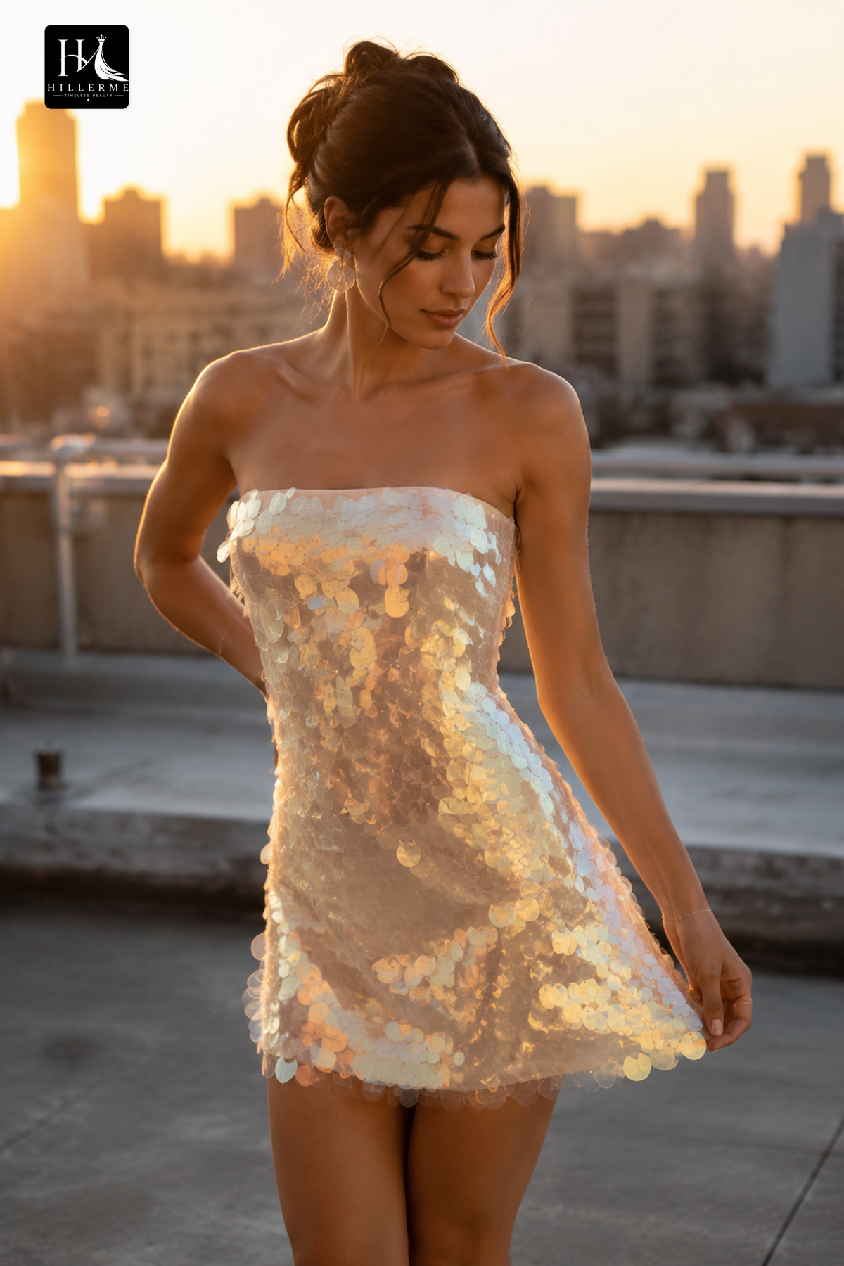 Strapless Mini Dress with Oversized Sequin Embellishment