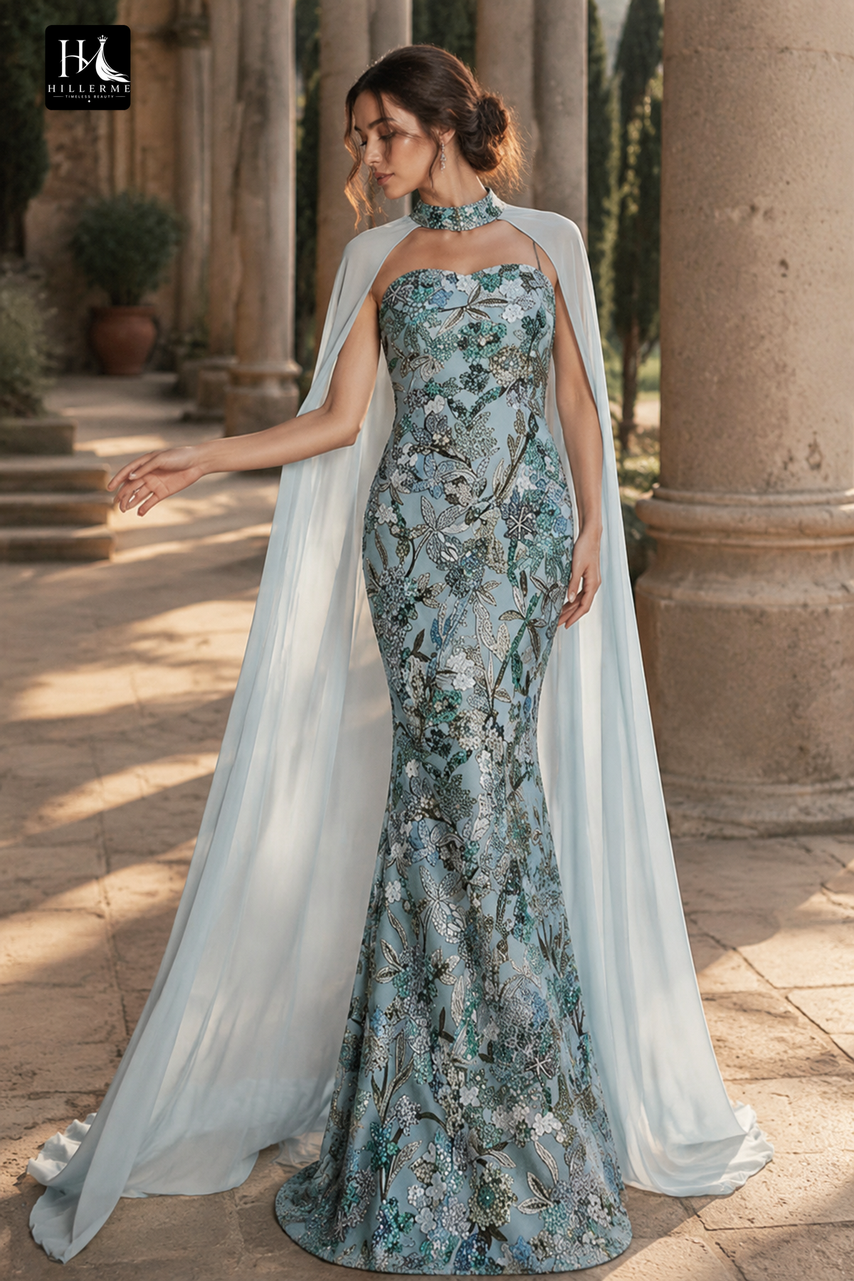 Floral Sequin Mermaid Gown with Chiffon Cape Detail
