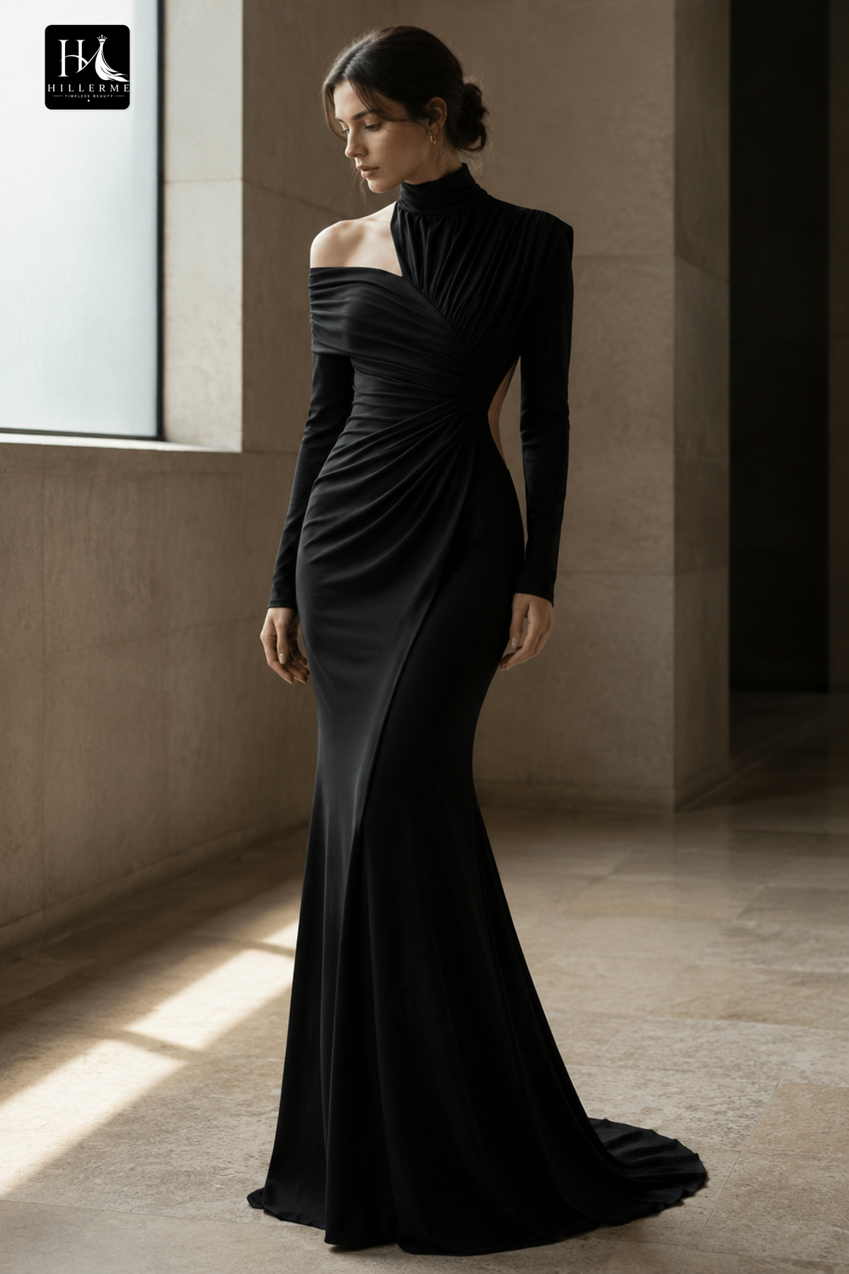 Asymmetrical Off-the-Shoulder Ruched Long Sleeve Mermaid Gown