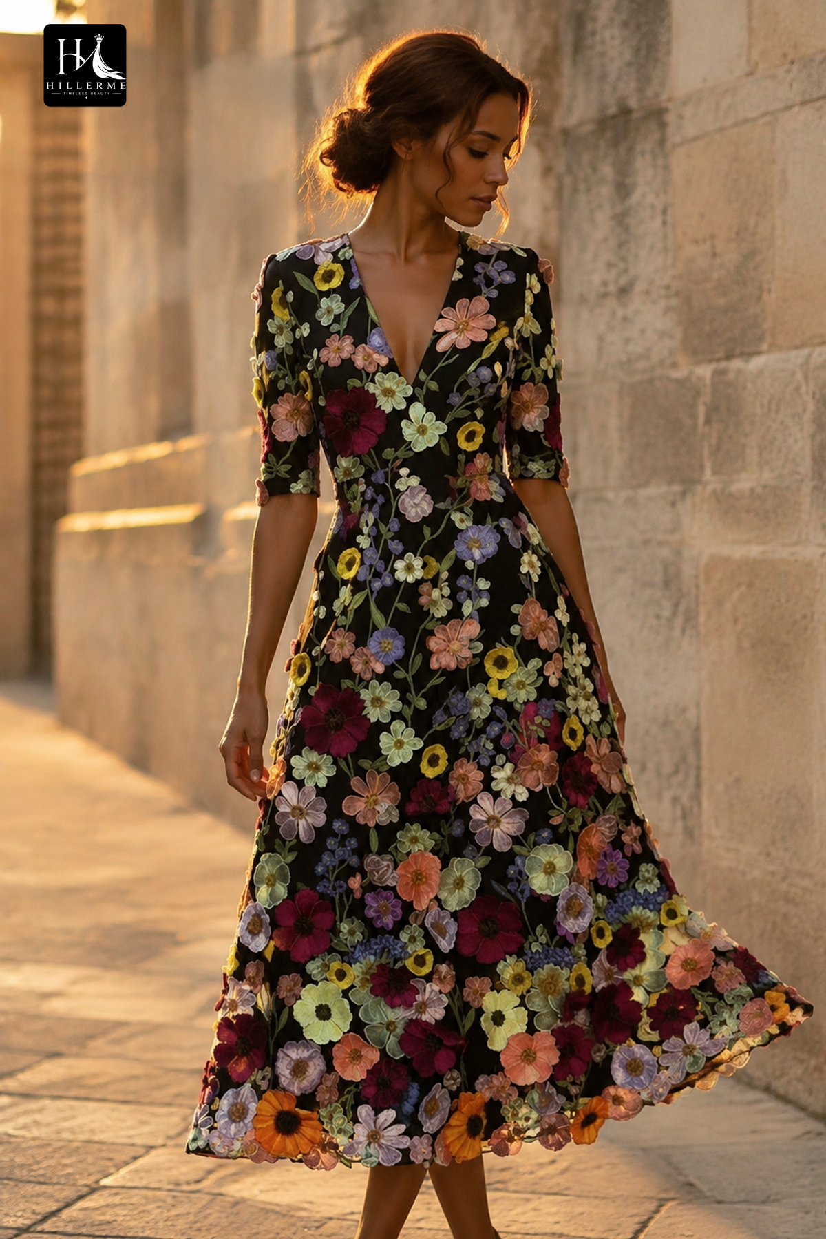 3D Floral Embroidered Deep V-Neck Midi Dress with Pockets