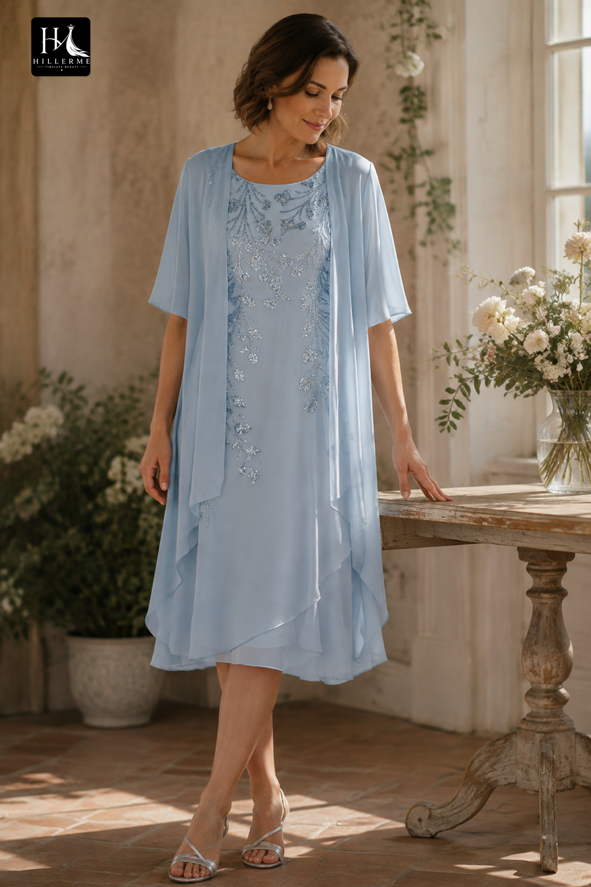 Knee-Length Sheath Dress with Sequin-Embroidered Chiffon Jacket