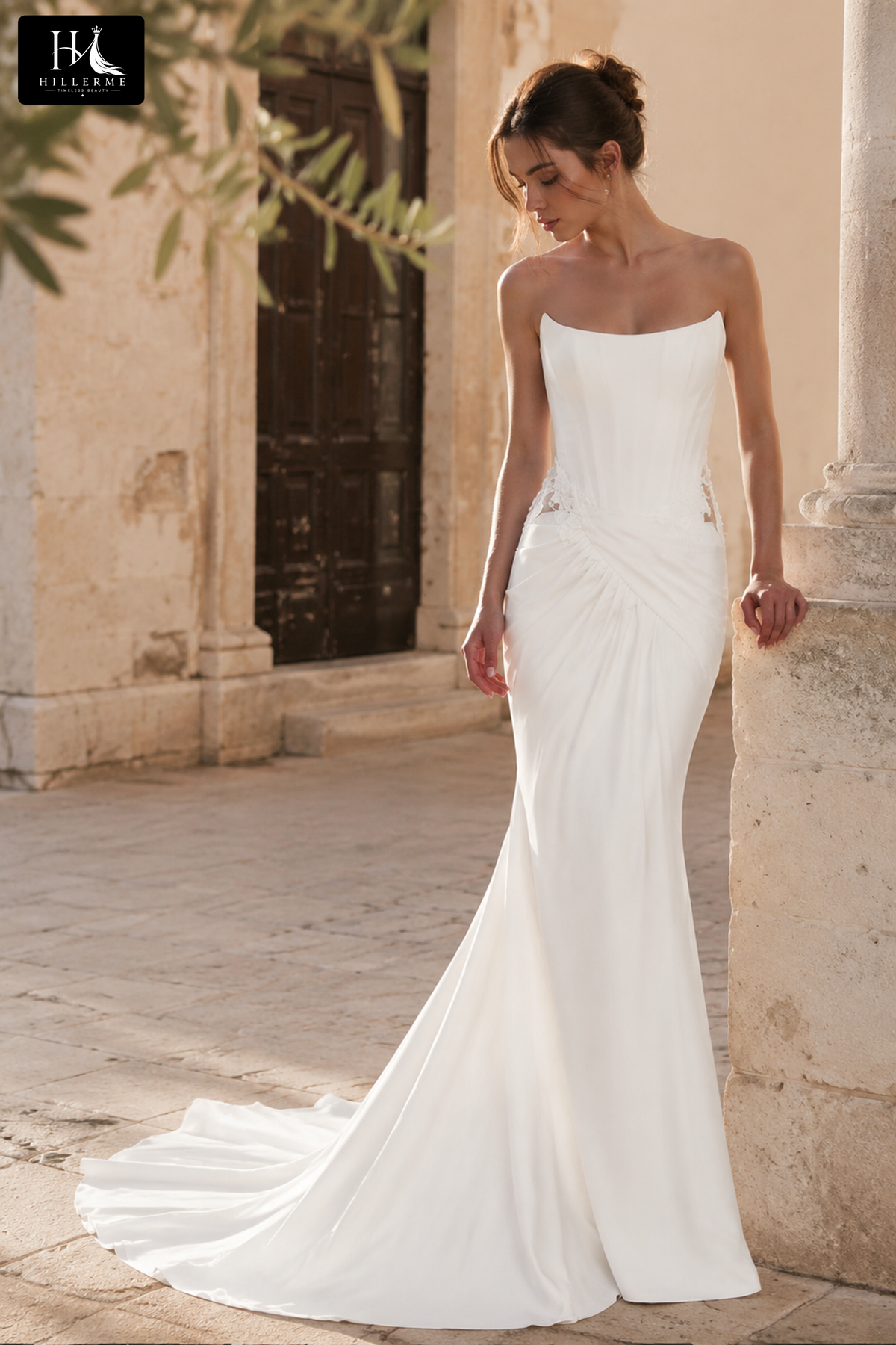 Elegant Strapless Corset Bridal Gown with Asymmetrical Ruched Skirt and Sweep Train