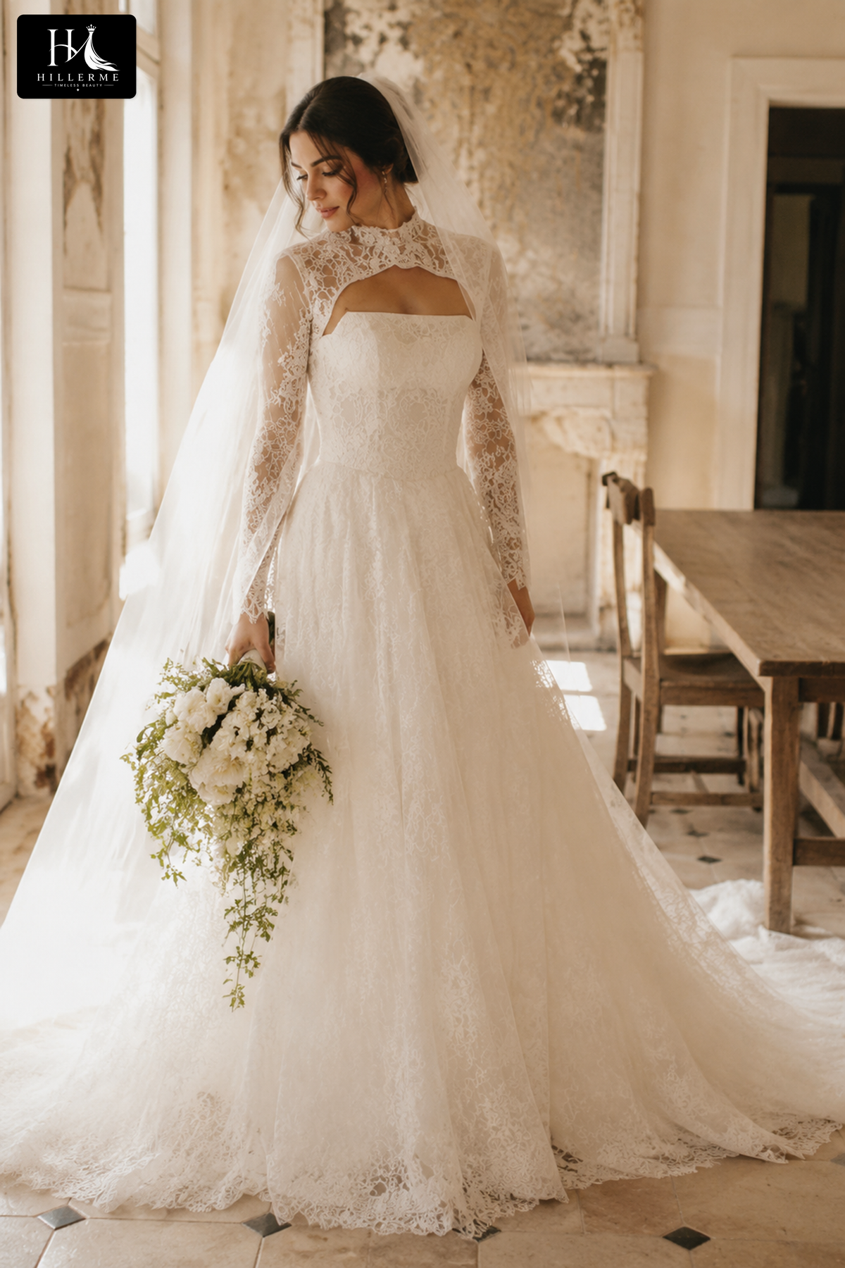 Sheer Lace Cut-Out A-Line Bridal Gown with High Neck and Sweetheart Corset