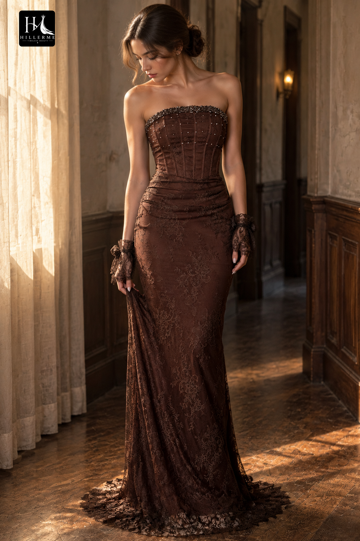 Floor-Length Lace Evening Gown with Beaded Asymmetrical Neckline and Corset Bodice