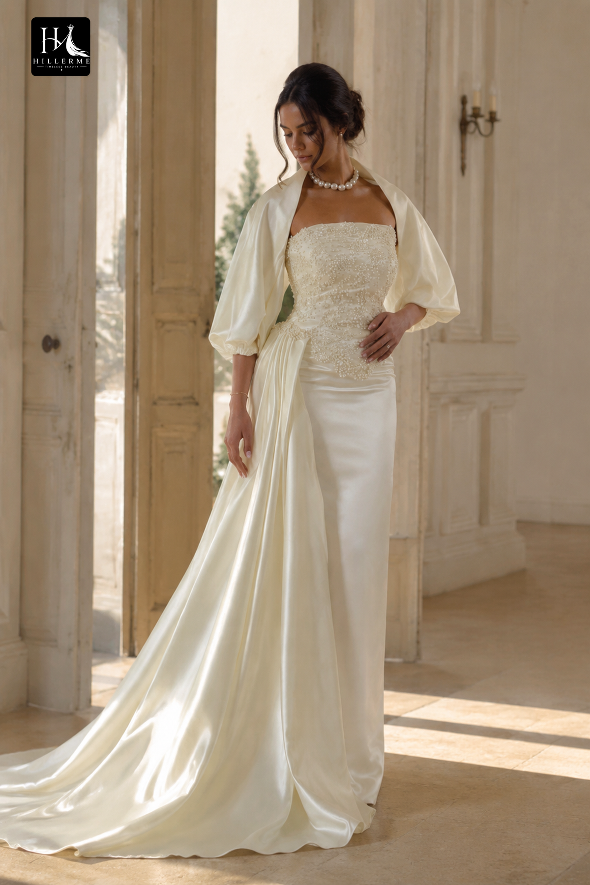 Beaded Corset Column Gown with Asymmetrical Drape and Floor-Length Train