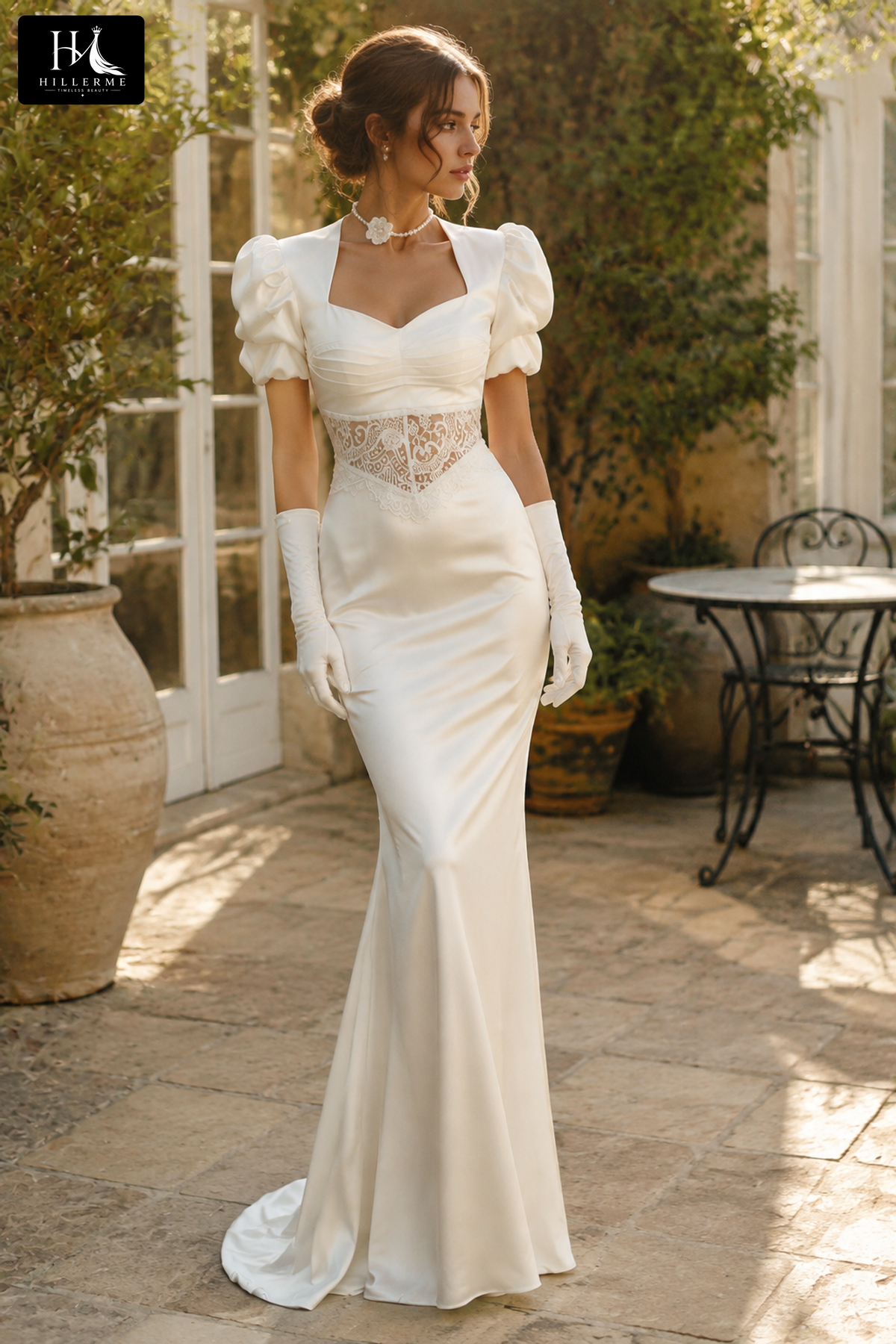 Vintage-Inspired Satin Bridal Gown with Puff Sleeves and Lace Accents