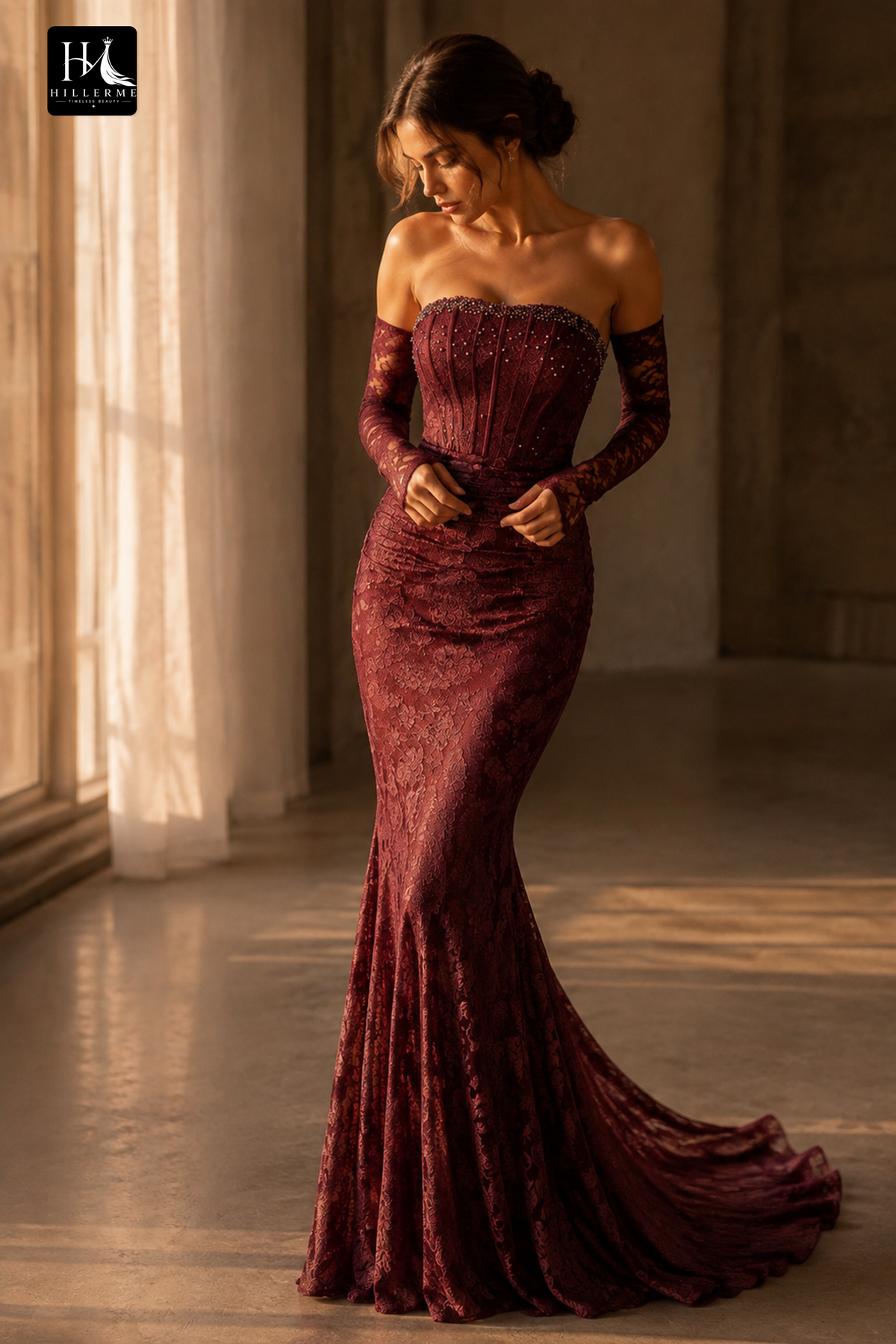 Elegant Strapless Mermaid Gown with Floral Lace Long Sleeves