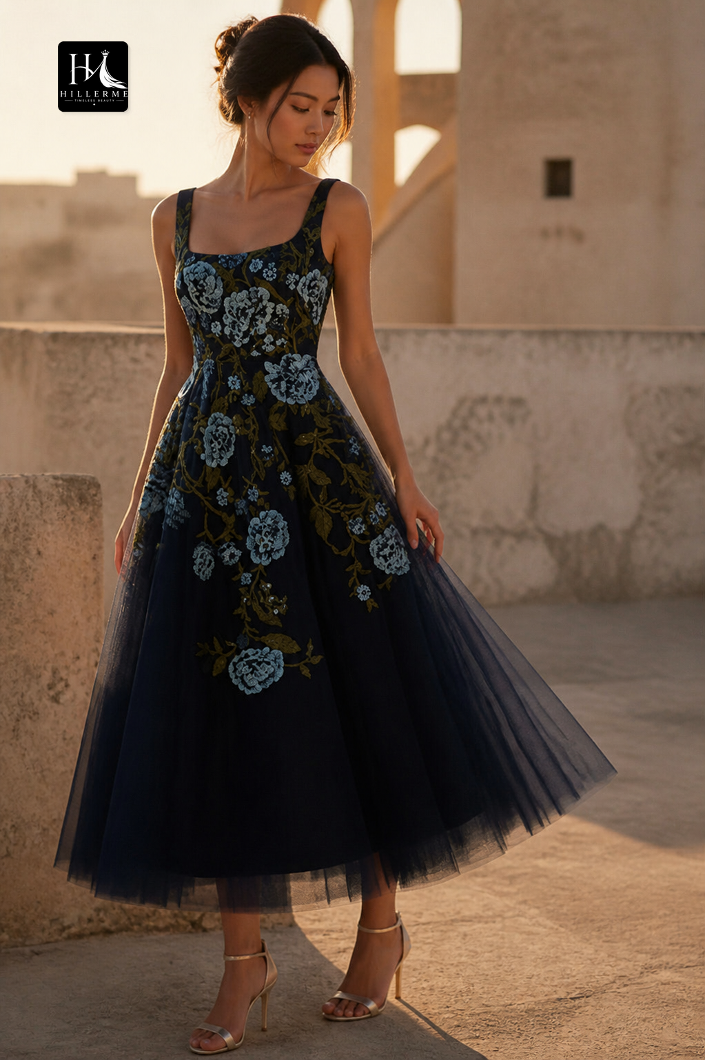 Botanical Embroidered Tulle A-Line Tea-Length Dress