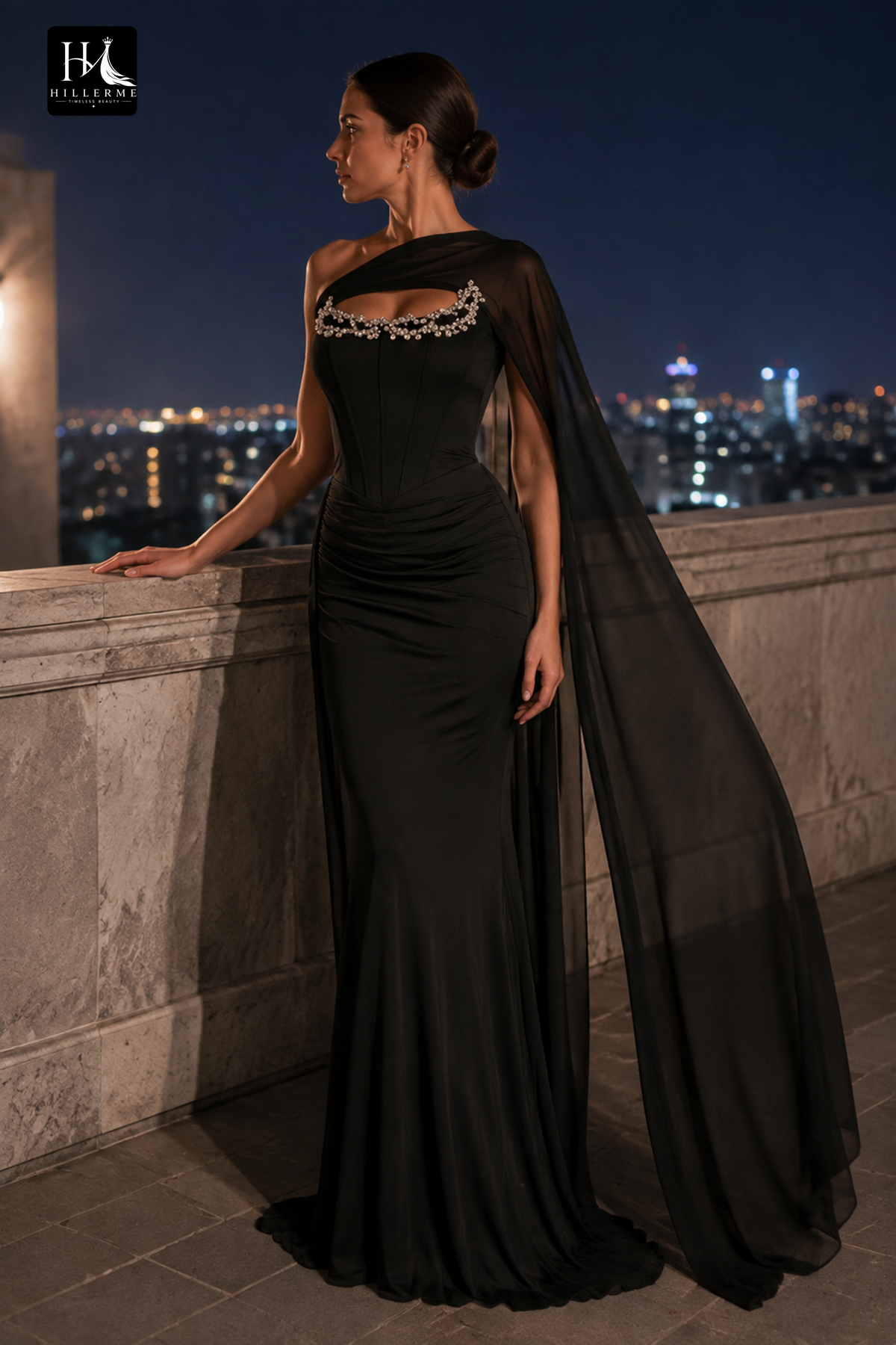 Asymmetrical One-Shoulder Mermaid Gown with Crystal-Adorned Keyhole and Mesh Cape