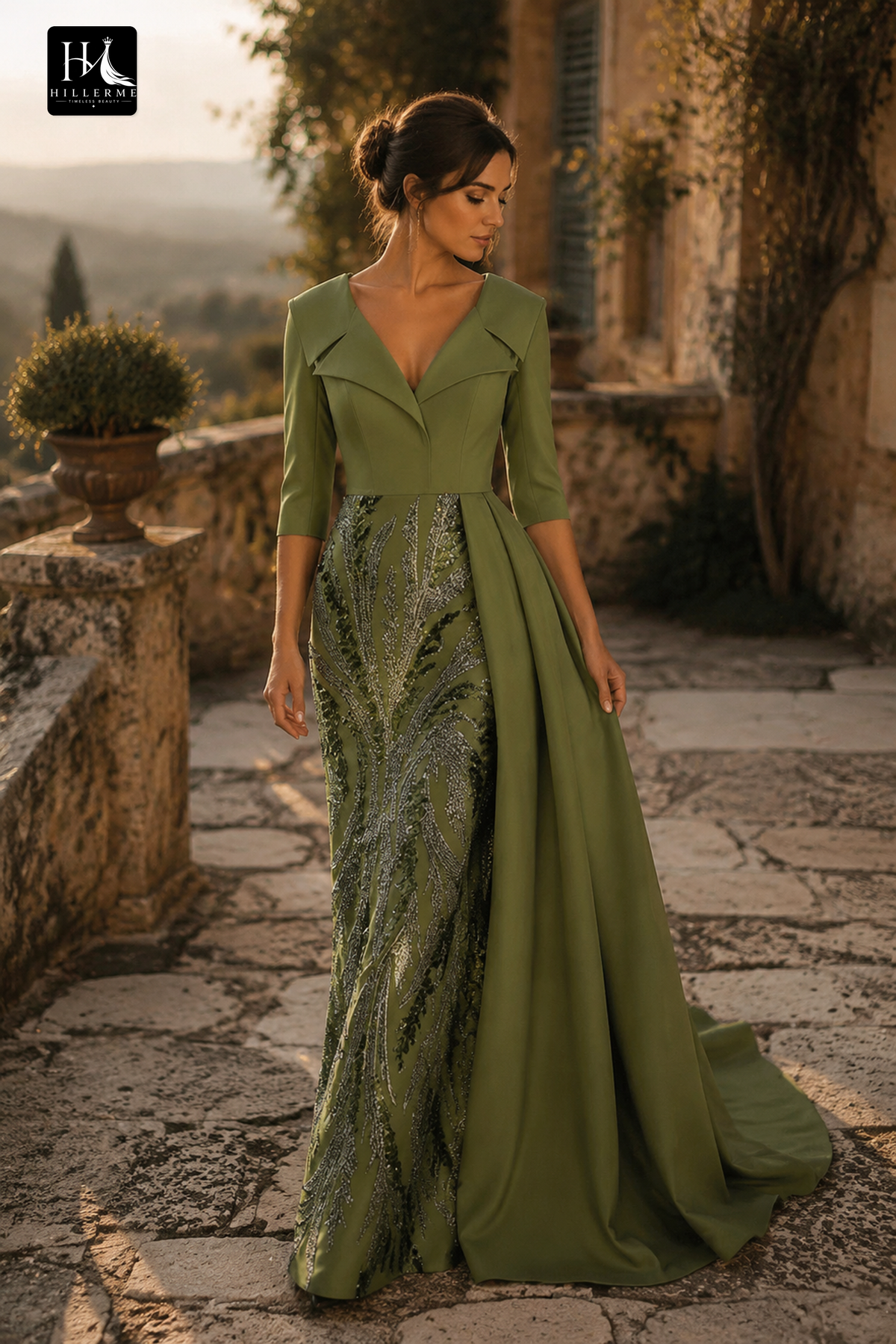 Olive Green Satin Evening Gown with Sequin-Embellished Panel and Draped Overskirt