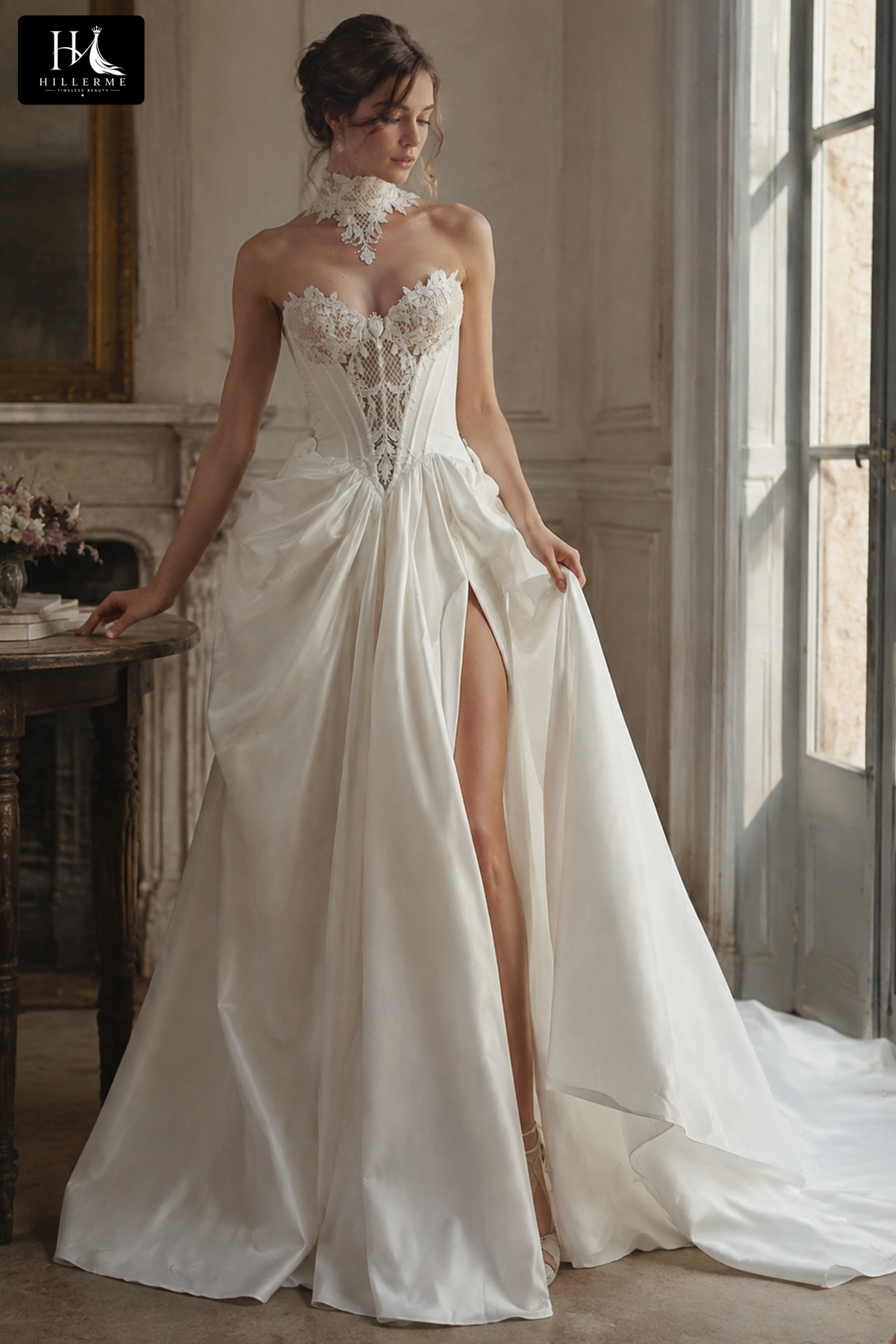 Strapless Corset Bridal Gown with High Slit and Chapel Train