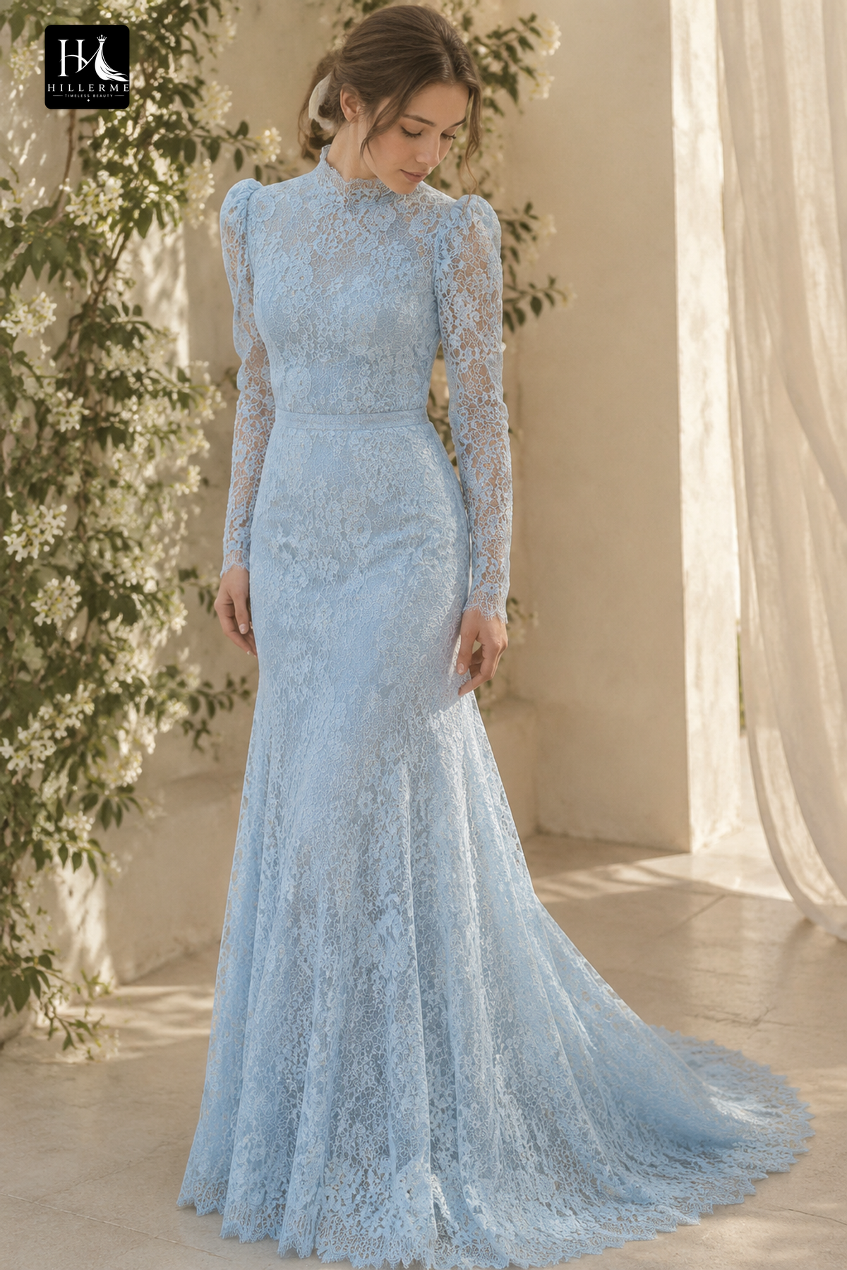 High-Neck Long Sleeve Mermaid Gown in Floral Lace