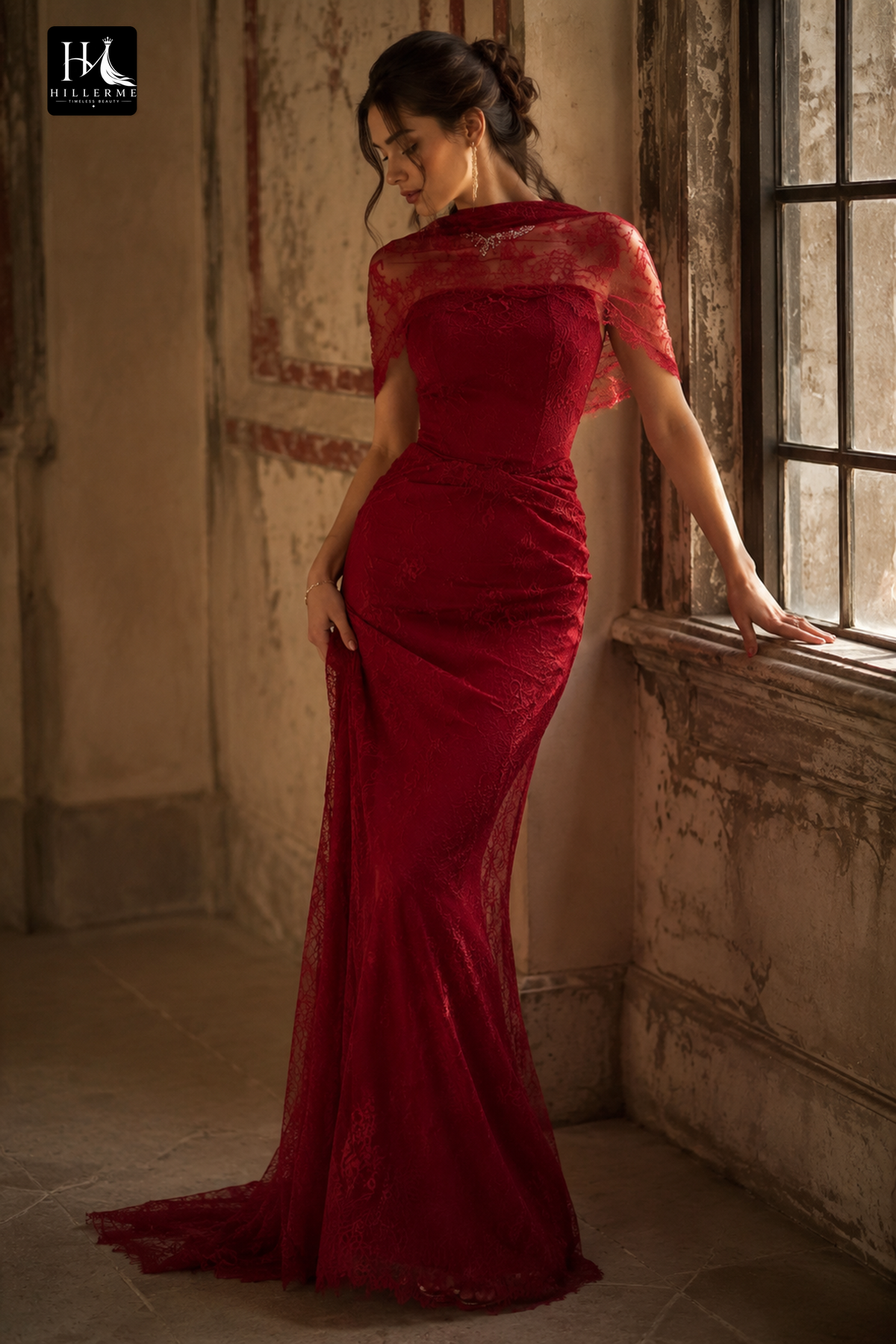 Burgundy Lace Sheath Gown with Draped Cape and Open Back Design