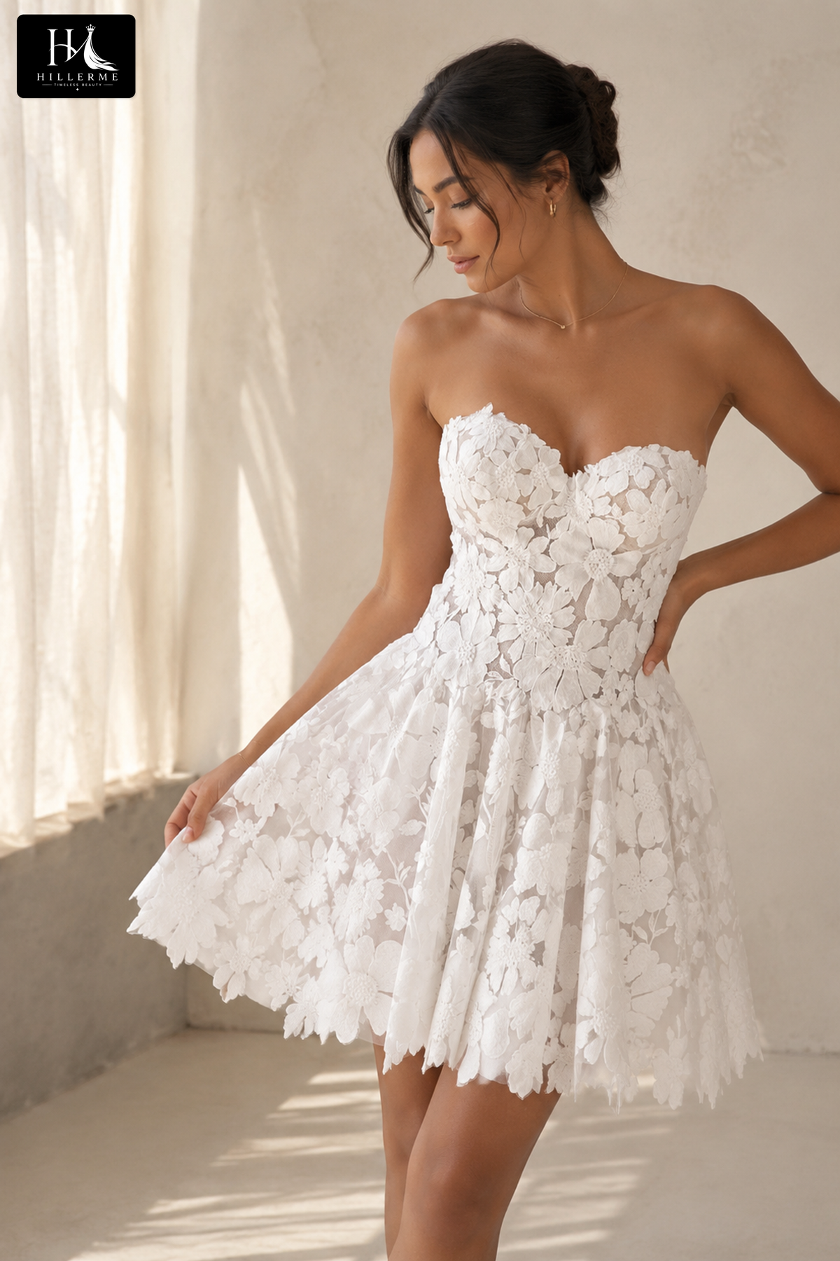 Strapless Mini A-line Bridal Gown with 3D Floral Lace Appliqués