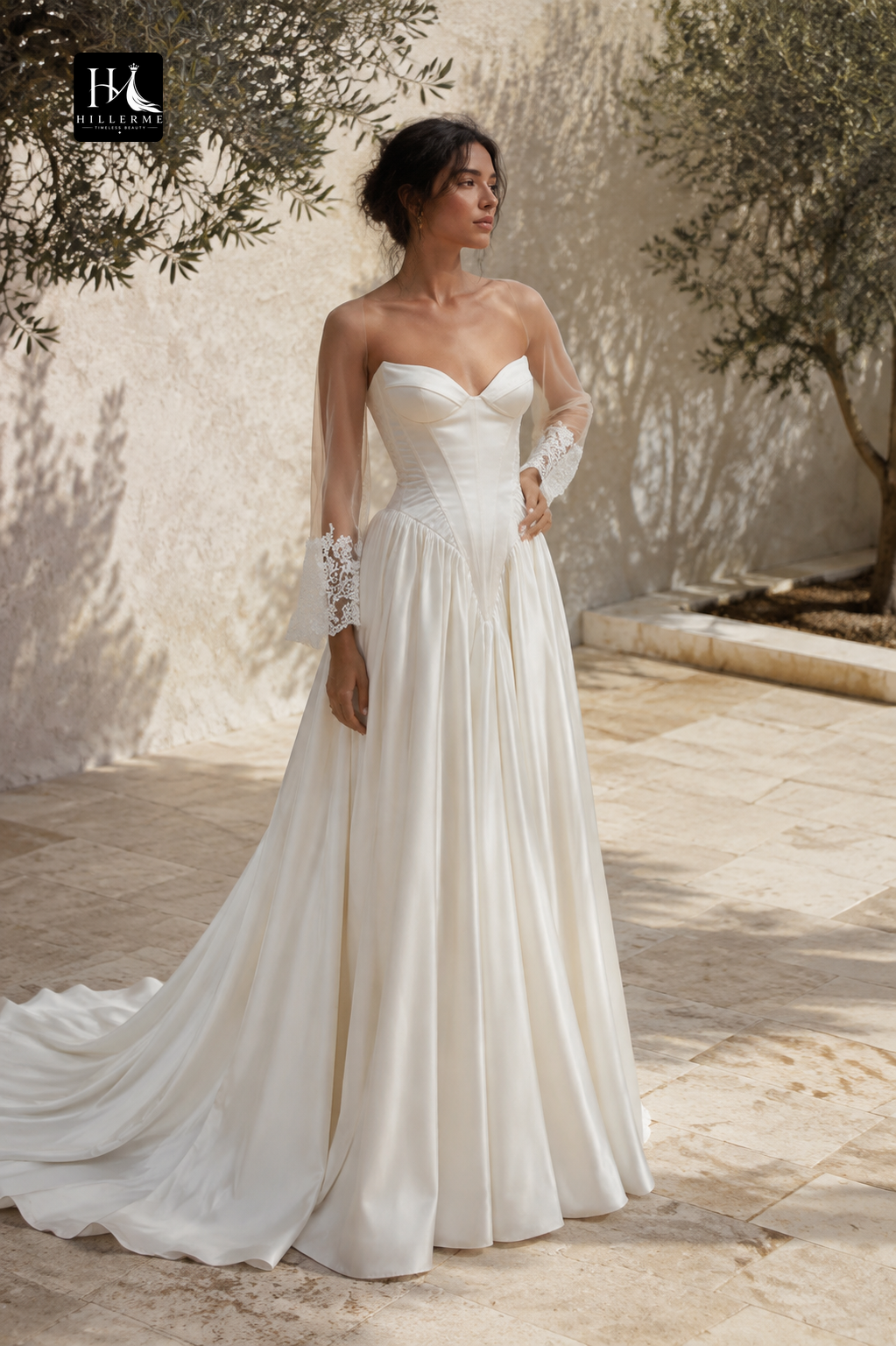 Strapless Corset Ball Gown Wedding Dress in Luxurious Satin with Cathedral Train