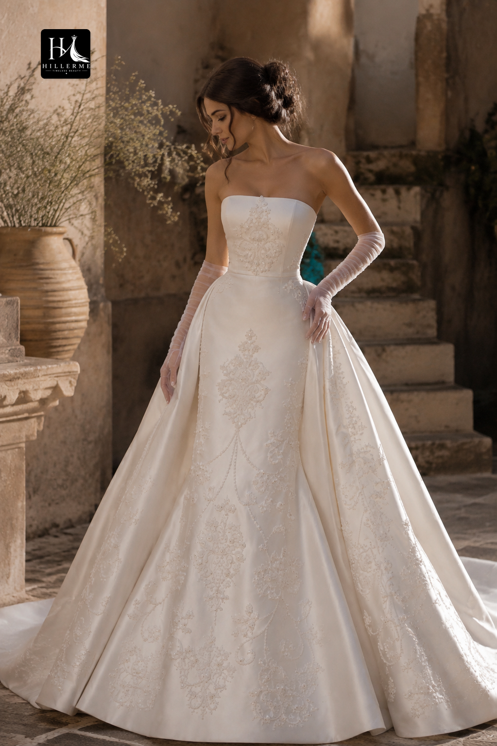 Strapless Mermaid Wedding Dress with Detachable Overskirt and Cathedral Train