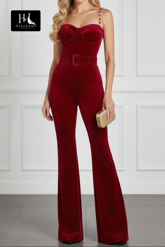 Crystal-Adorned Velvet Jumpsuit with Structured Corset Bodice