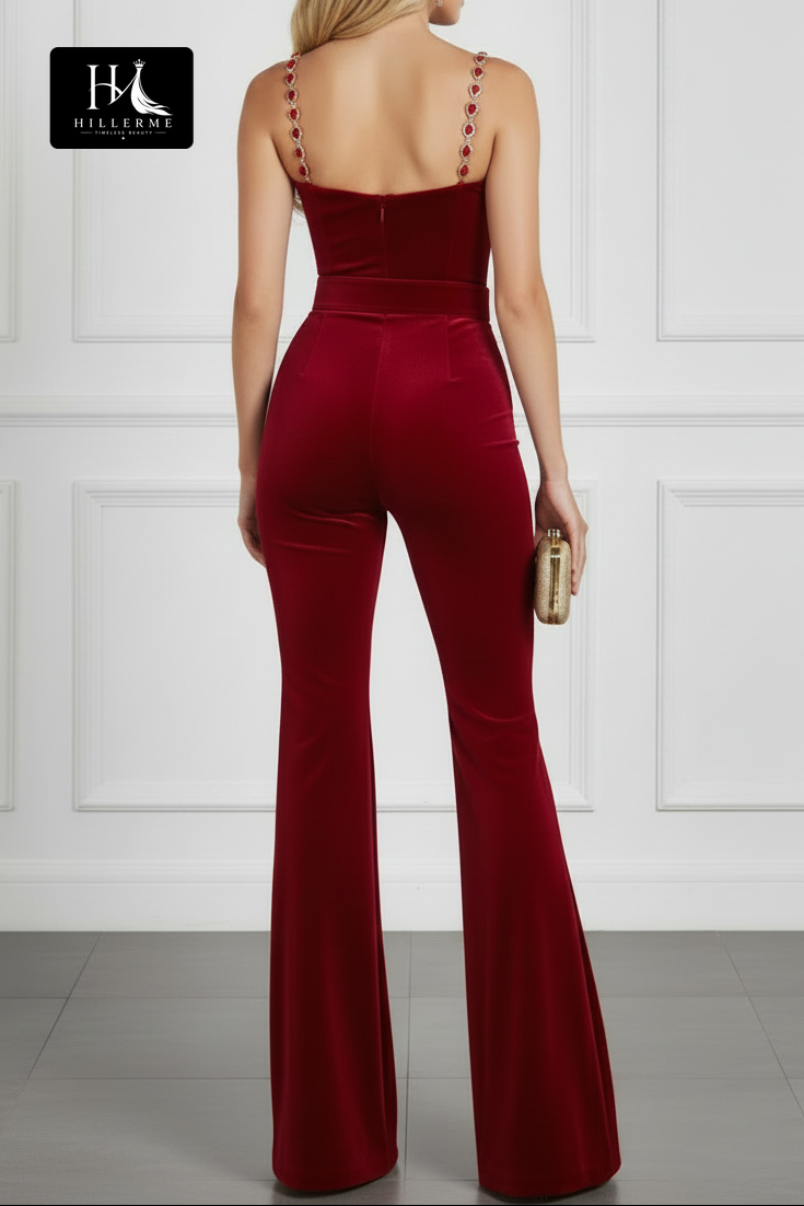 Crystal-Adorned Velvet Jumpsuit with Structured Corset Bodice