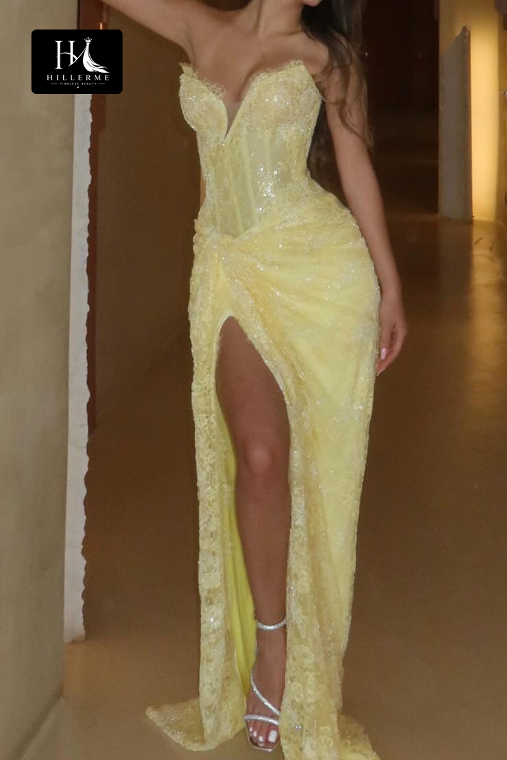 Strapless Illusion Corset Gown with Daring High Slit and Sequin Embellishments
