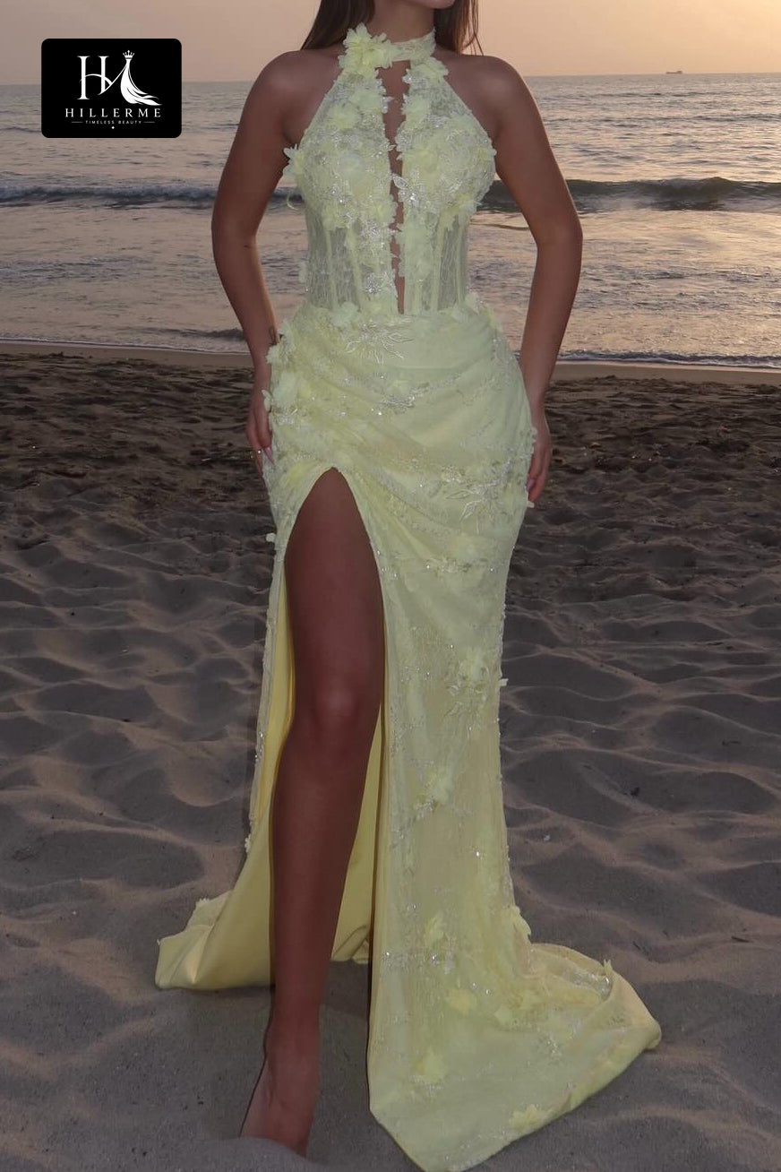 Halter Corset Gown with 3D Floral Applique and High Slit