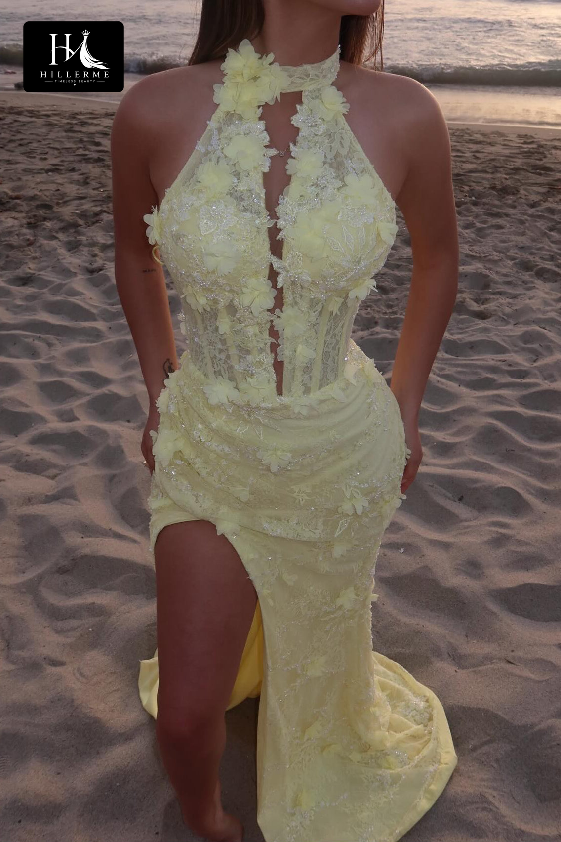 Halter Corset Gown with 3D Floral Applique and High Slit