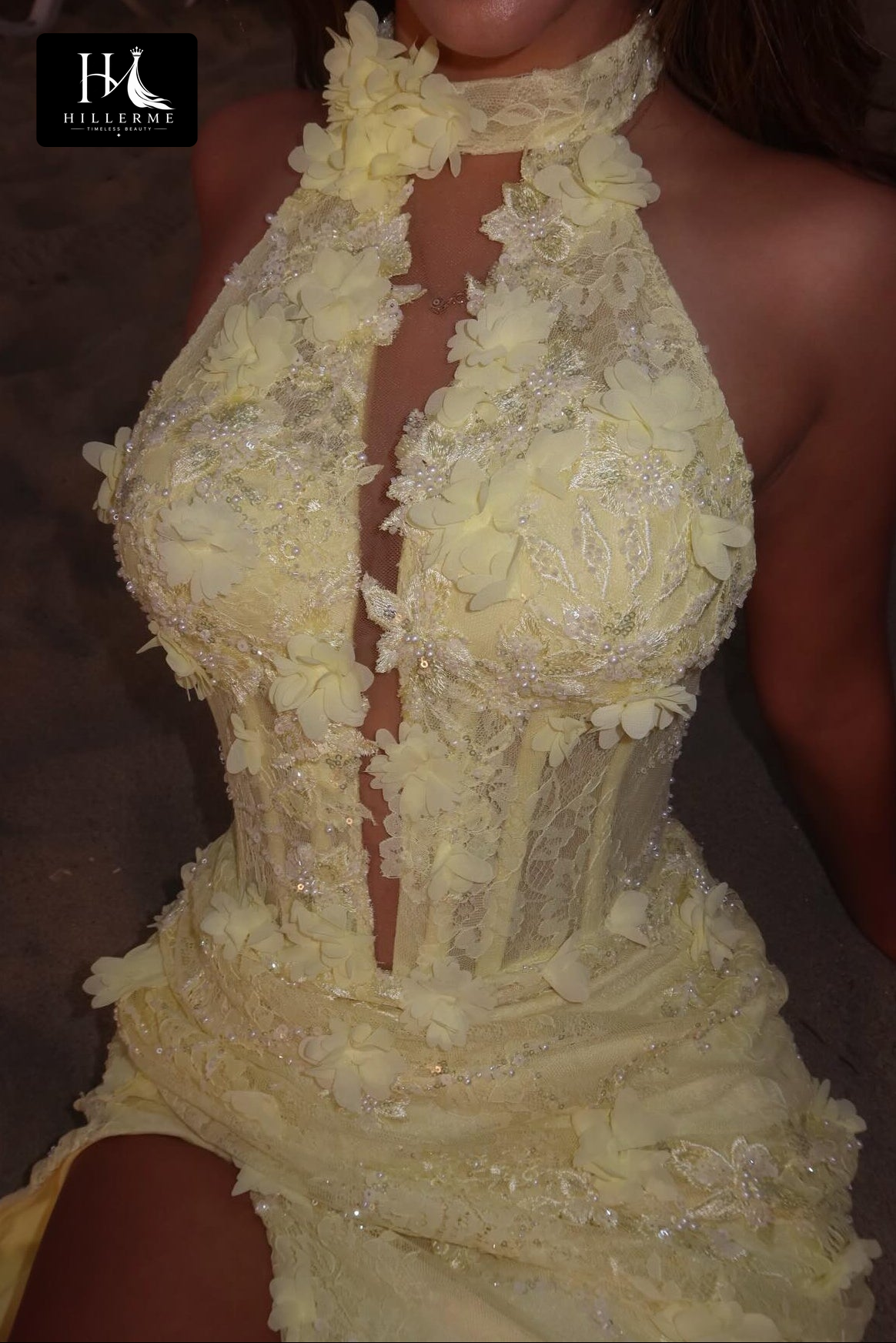Halter Corset Gown with 3D Floral Applique and High Slit
