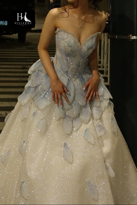 Strapless Sweetheart Ball Gown with Glitter Appliques and Open Back