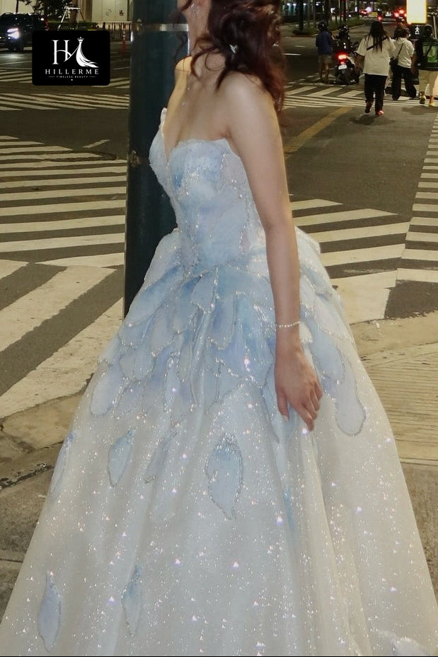 Strapless Sweetheart Ball Gown with Glitter Appliques and Open Back