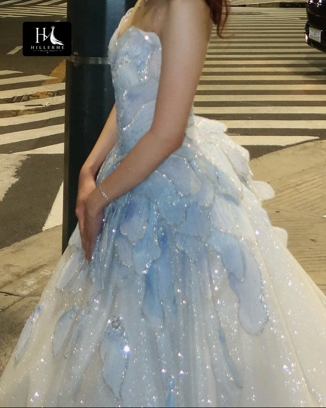 Strapless Sweetheart Ball Gown with Glitter Appliques and Open Back