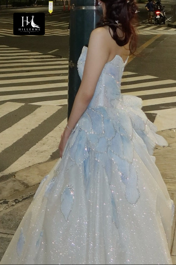 Strapless Sweetheart Ball Gown with Glitter Appliques and Open Back