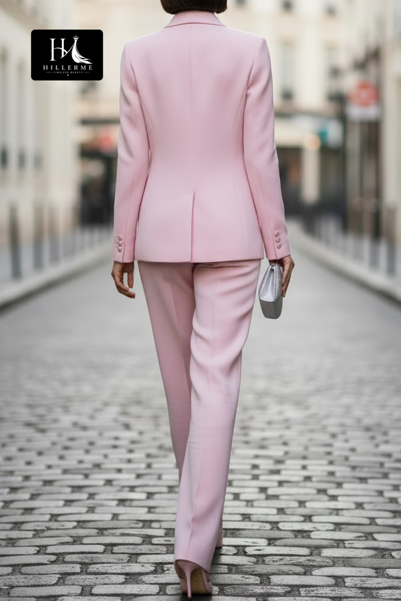 Structured Blazer and Wide-Leg Pantsuit with 3D Floral Brooch