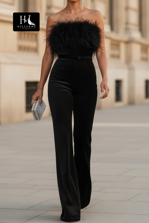 Feather-Trimmed Strapless Jumpsuit with Velvet Belt