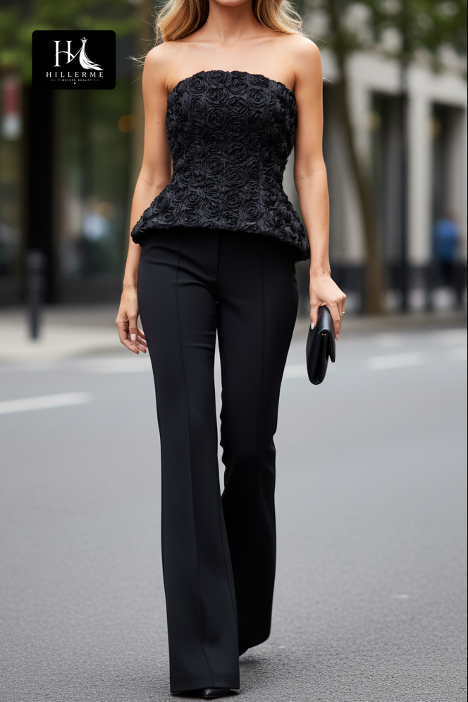 Strapless Peplum Top with 3D Floral Appliqués and Flared Trousers Set