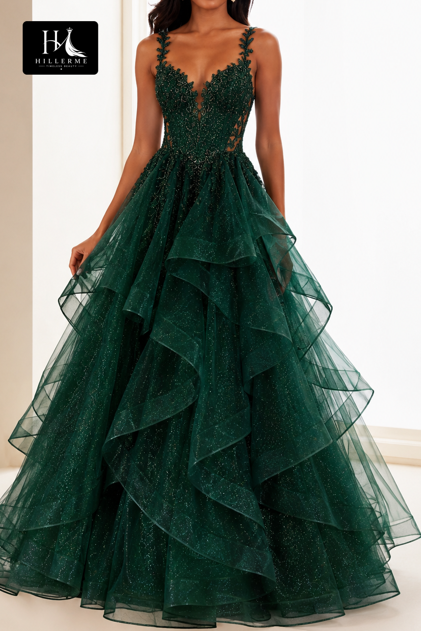 Sparkling Illusion Ball Gown with Ruffled Tulle Skirt