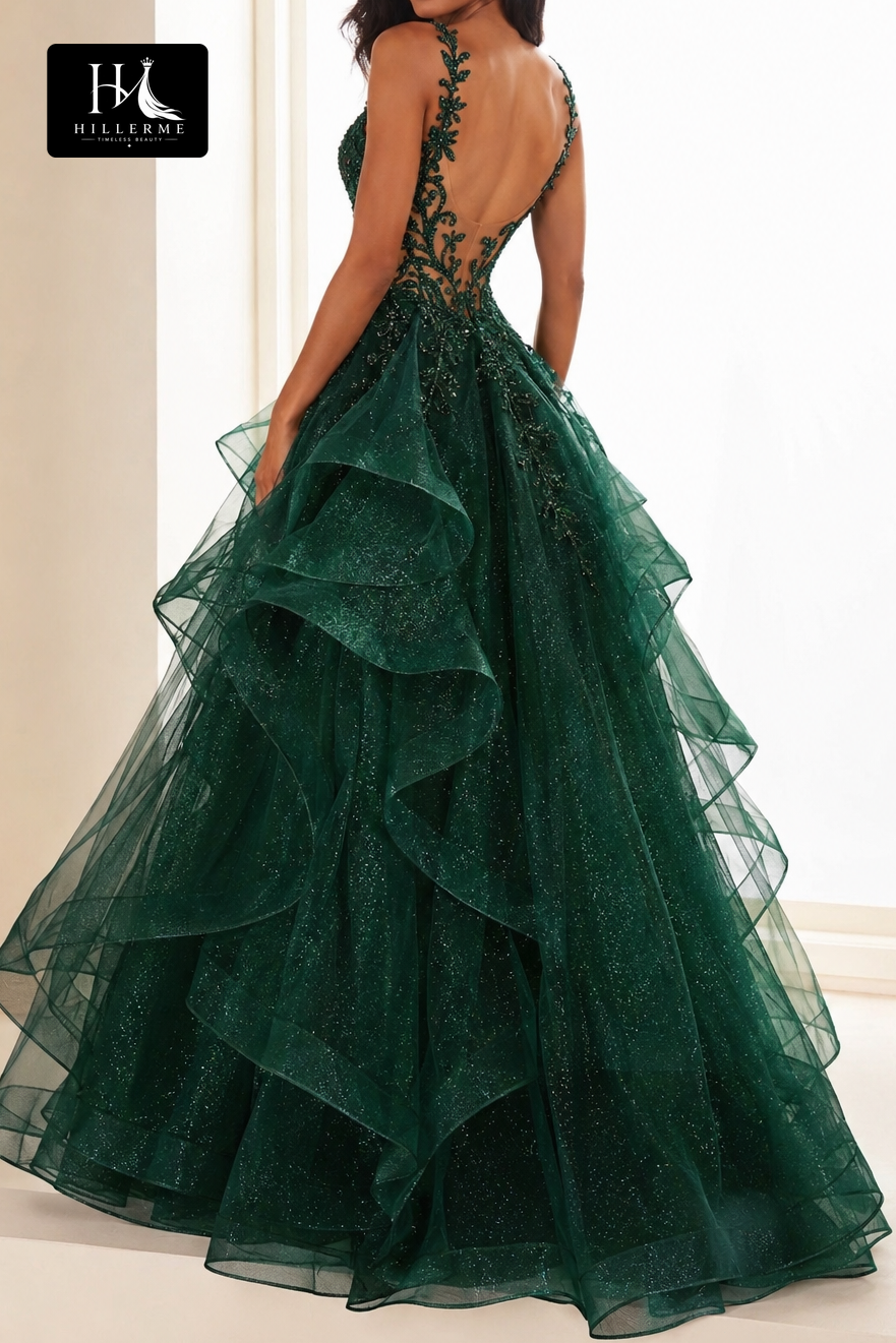 Sparkling Illusion Ball Gown with Ruffled Tulle Skirt