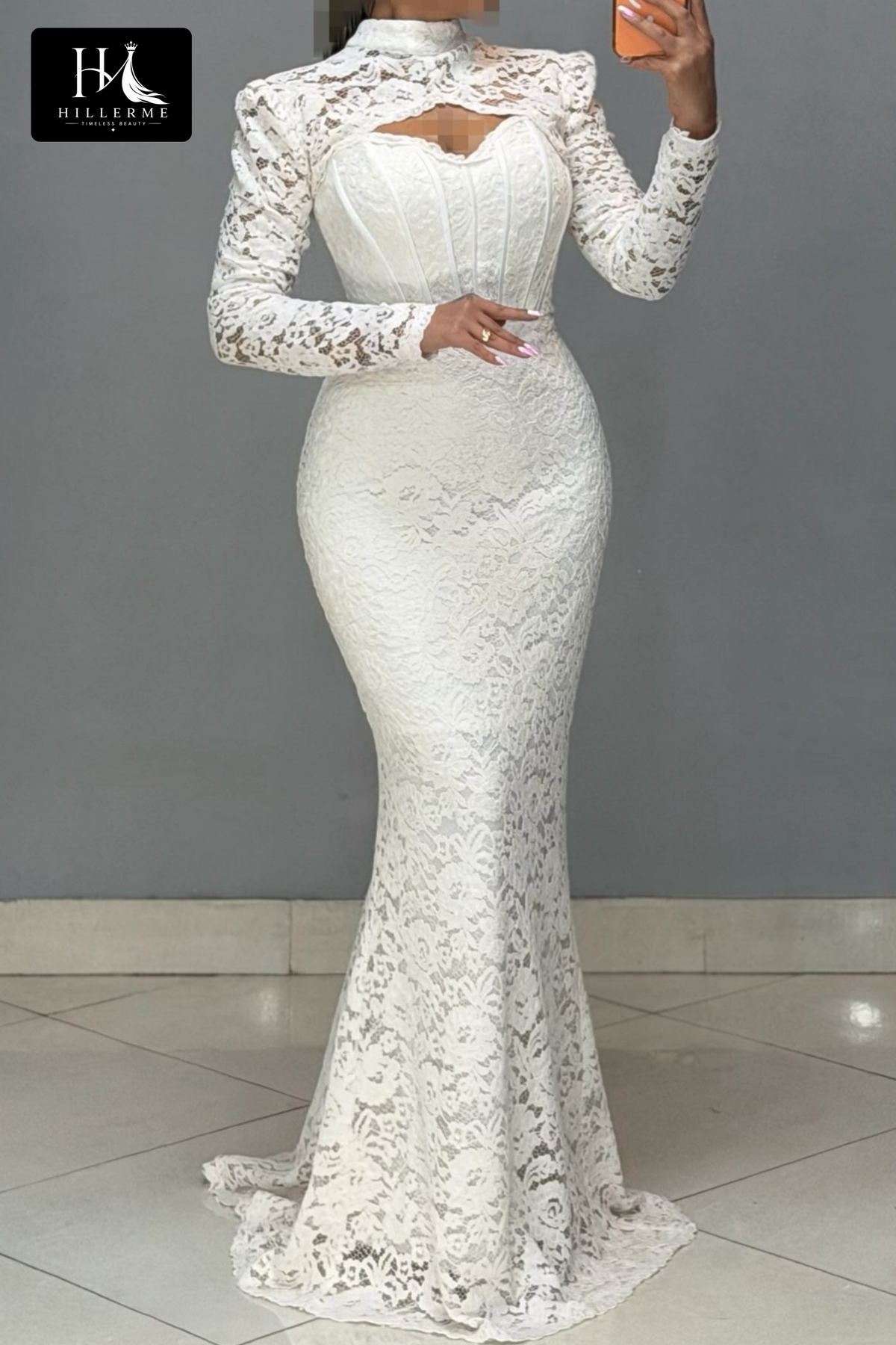 Floor-Length Lace Mermaid Gown with Corset Bodice and Keyhole Cutout