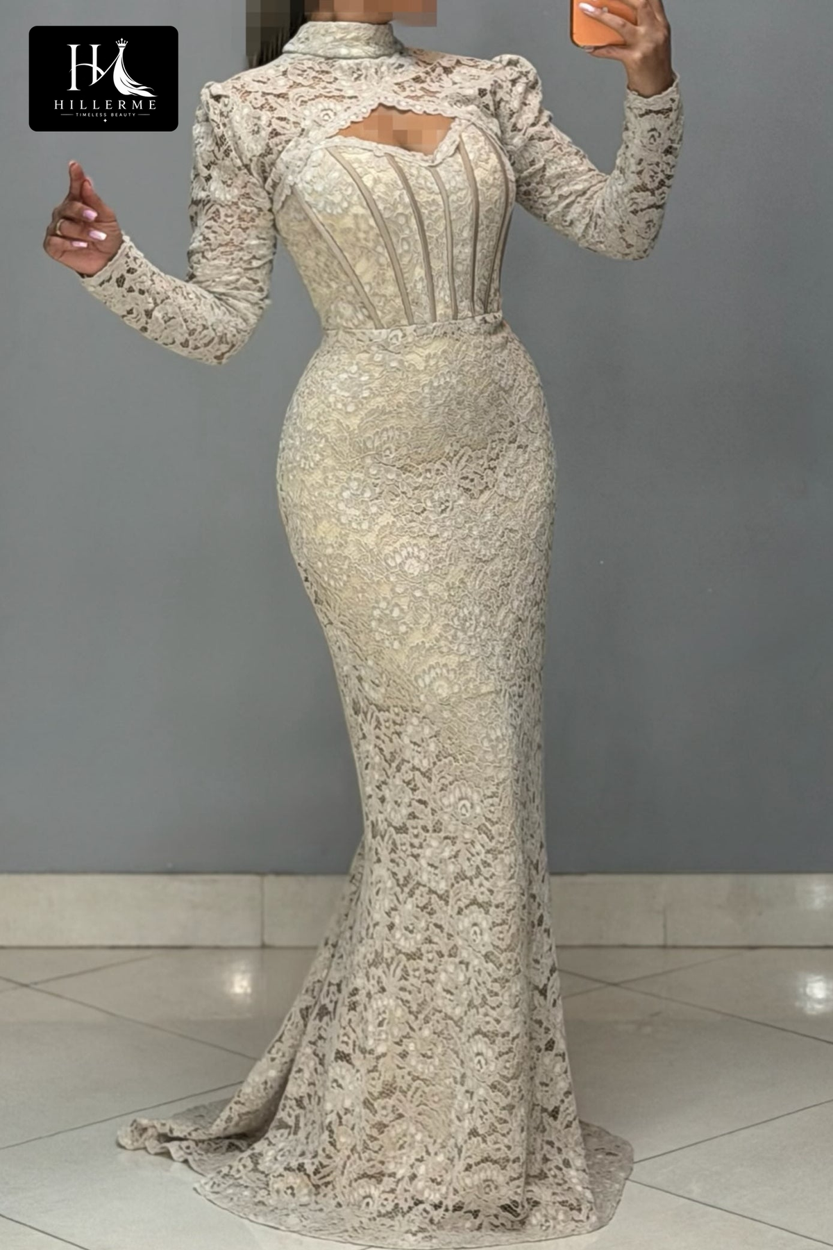Floor-Length Lace Mermaid Gown with Corset Bodice and Keyhole Cutout