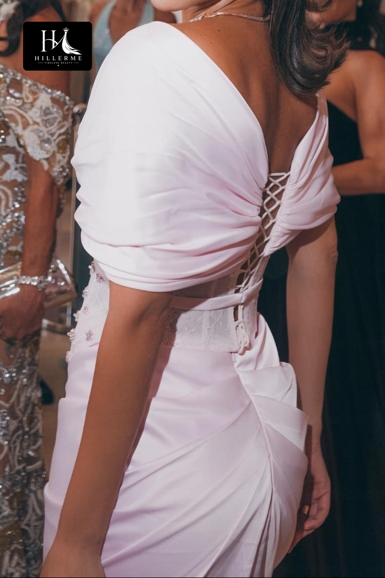 Pink Satin Mermaid Gown with Beaded Illusion Corset and Deep V-Back