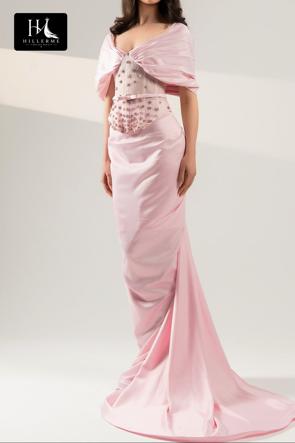 Pink Satin Mermaid Gown with Beaded Illusion Corset and Deep V-Back