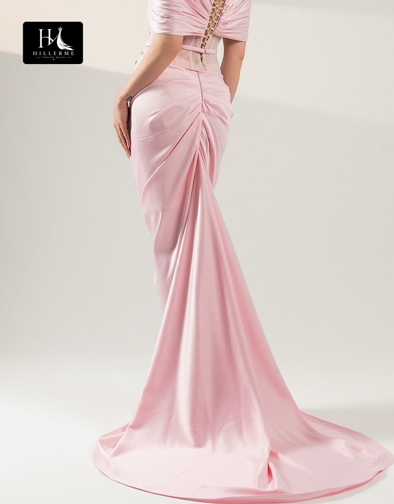 Pink Satin Mermaid Gown with Beaded Illusion Corset and Deep V-Back