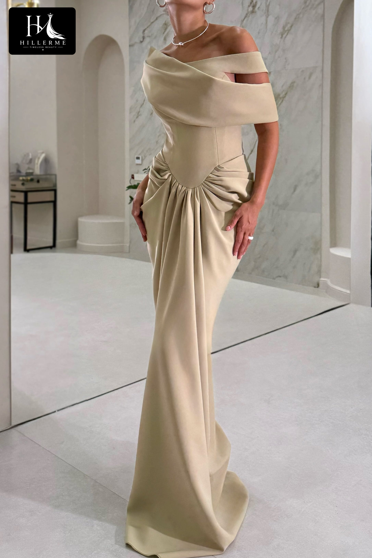 Asymmetrical Draped Off-the-Shoulder Mermaid Gown with Ruched Hip Detailing