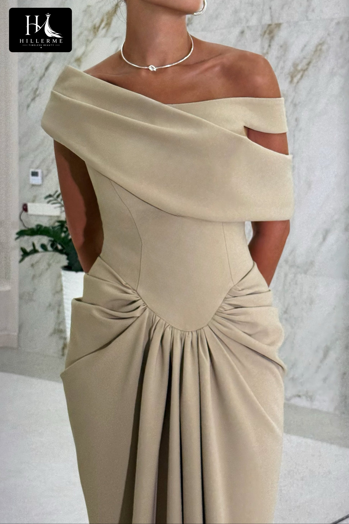 Asymmetrical Draped Off-the-Shoulder Mermaid Gown with Ruched Hip Detailing