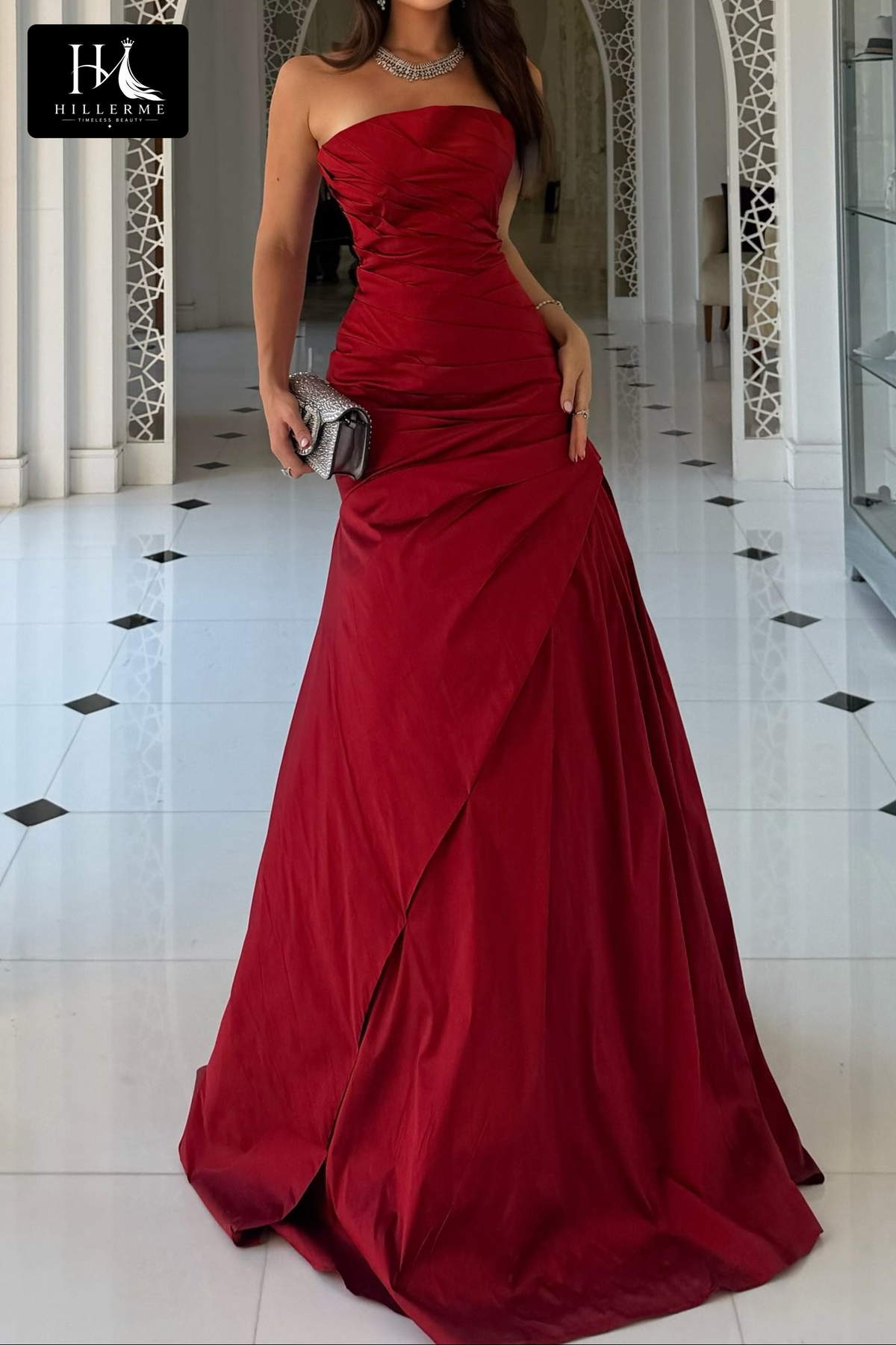 Elegant Strapless Satin Gown with Ruched Bodice and Wrap Skirt Design