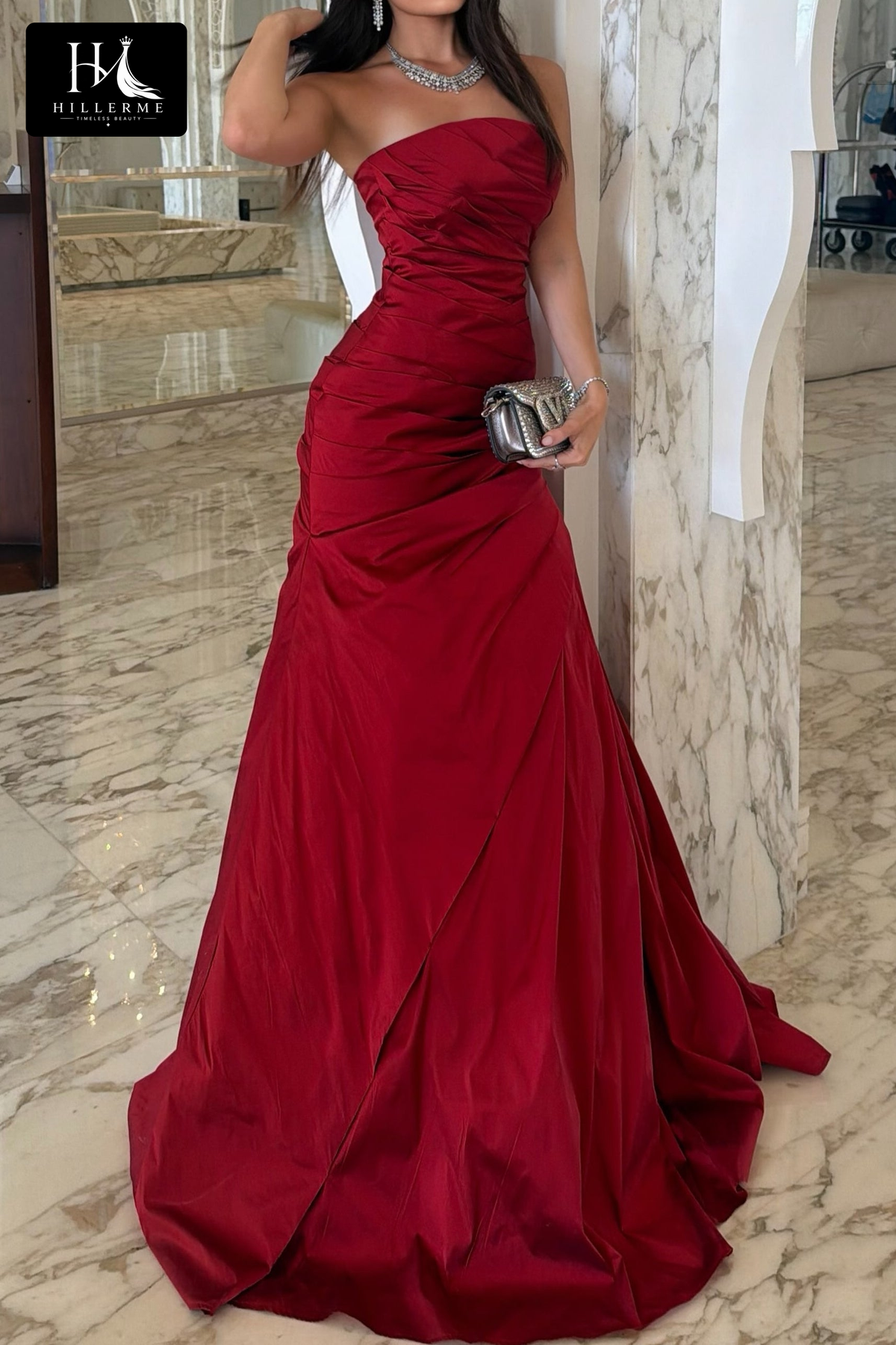 Elegant Strapless Satin Gown with Ruched Bodice and Wrap Skirt Design