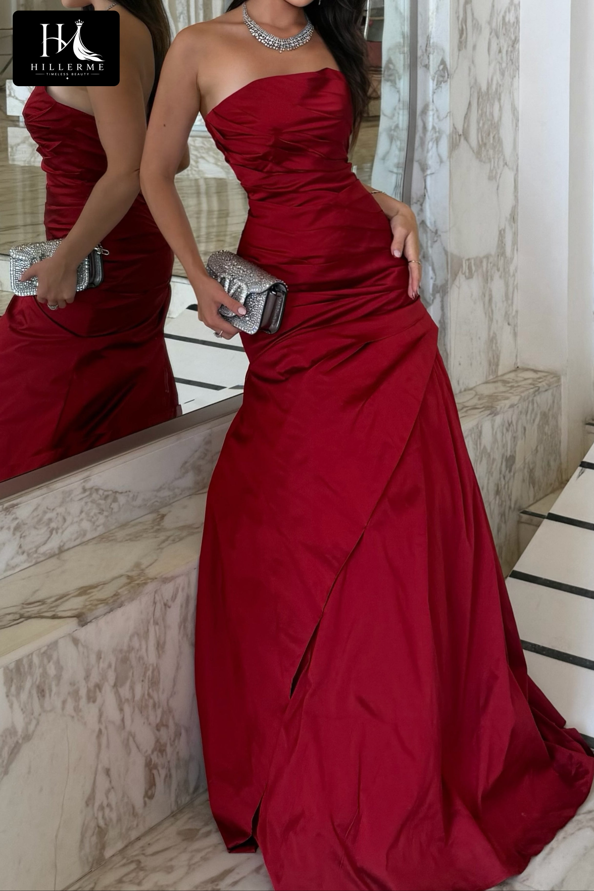 Elegant Strapless Satin Gown with Ruched Bodice and Wrap Skirt Design