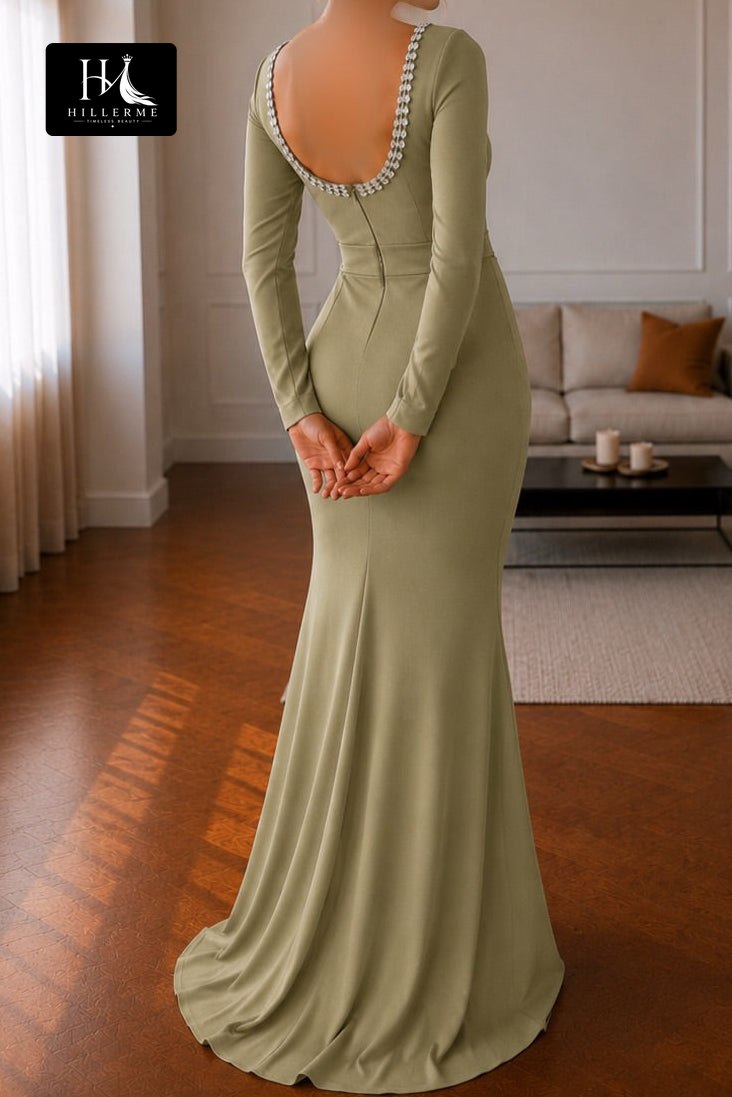 Sage Green Mermaid Gown with Pearl-Trimmed Square Neckline and V-Back