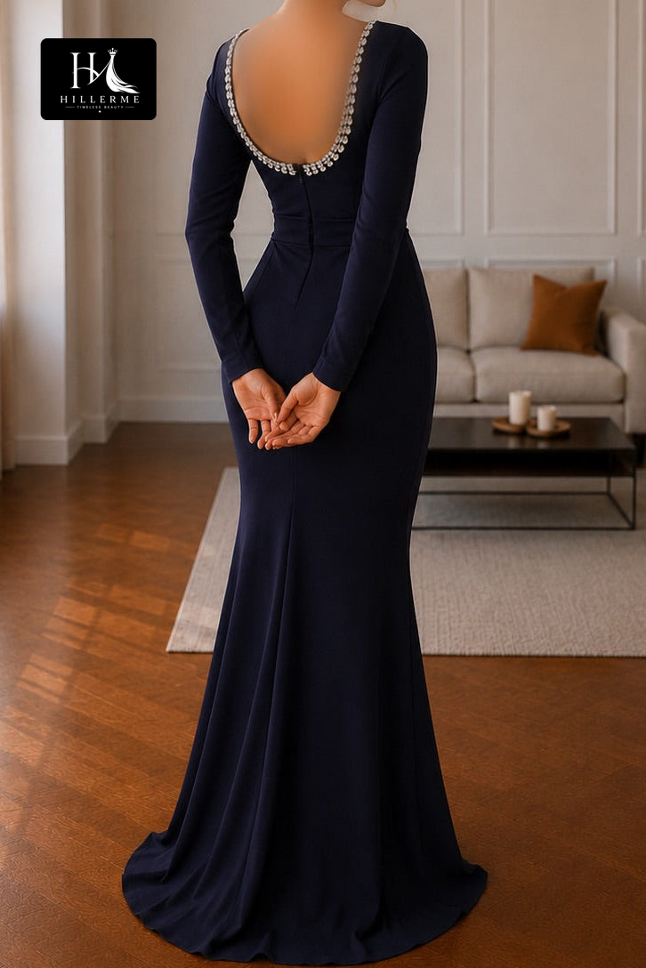 Sage Green Mermaid Gown with Pearl-Trimmed Square Neckline and V-Back